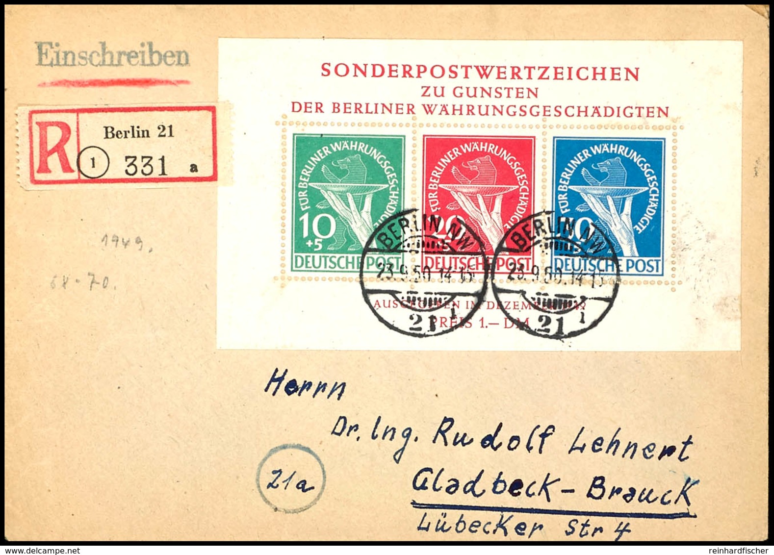 Währungsgeschädigten-Block Mit Beiden Plattenfehlern Auf Portogerechtem R-Brief Von "BERLIN 23.9.50" Nach Gladbach Mit A - Andere & Zonder Classificatie