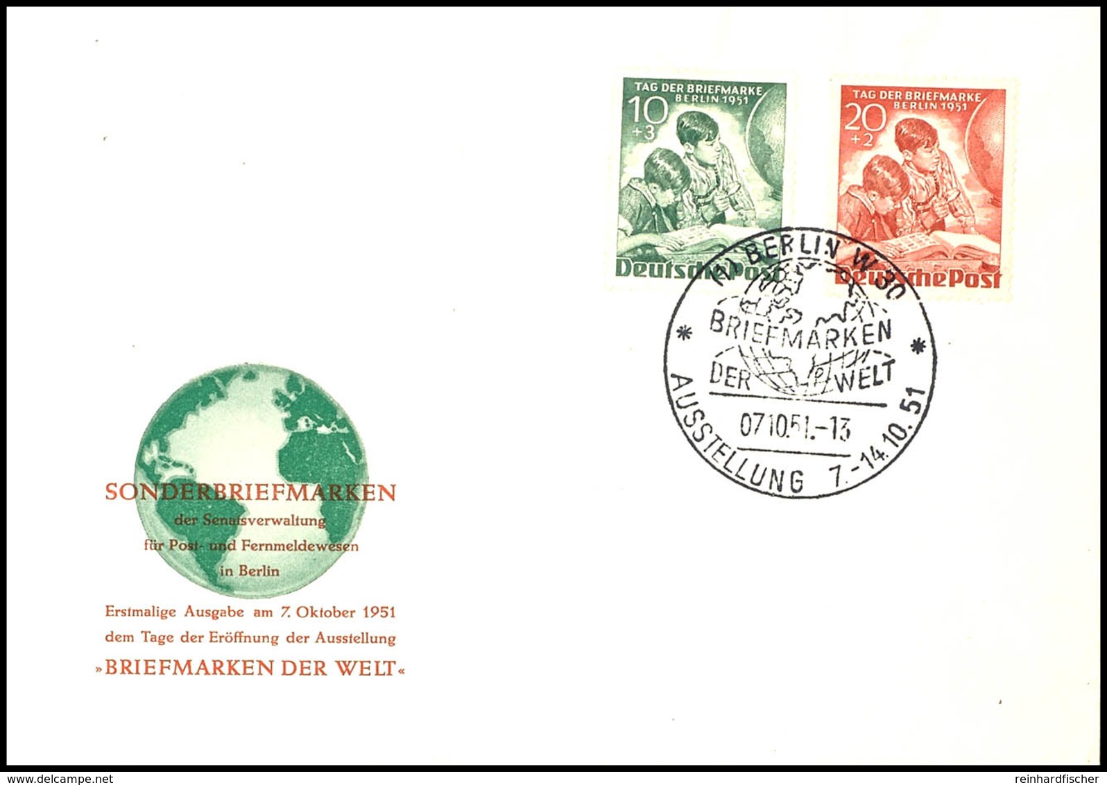 10 Pfg Und 20 Pfg Tag Der Briefmarke 1951 Auf Amtlichem Blanko-FDC-Umschlag Mit Entwertung "BERLIN W30 07.10.51", Tadell - Andere & Zonder Classificatie
