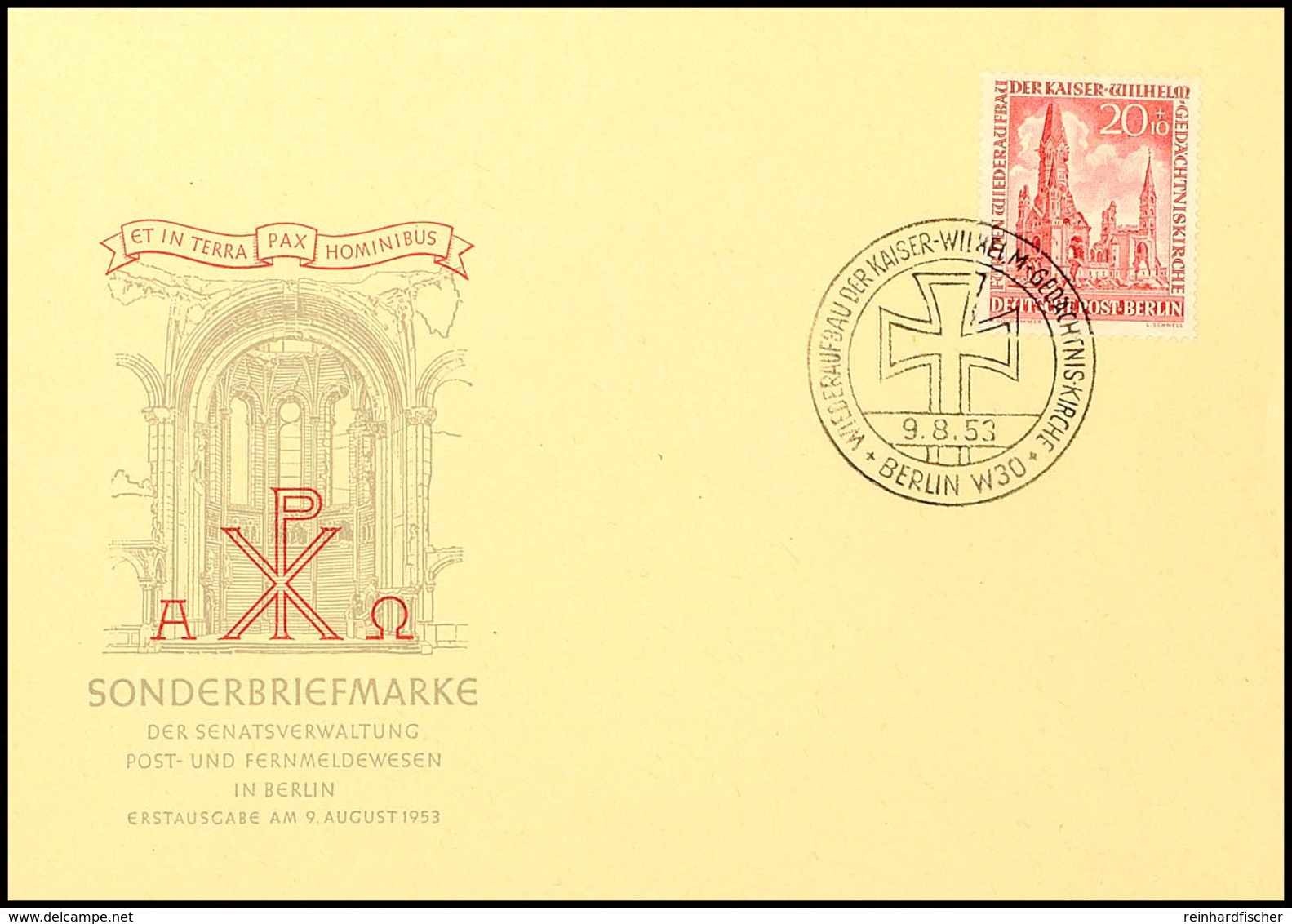 20 Pfg Kaiser-Wilhelm Gedächtniskirche Auf Amtl. Blanko-FDC Mit Ersttagsonderstempel "BERLIN 9.8.53". Tadellos, Mi. 160. - Andere & Zonder Classificatie