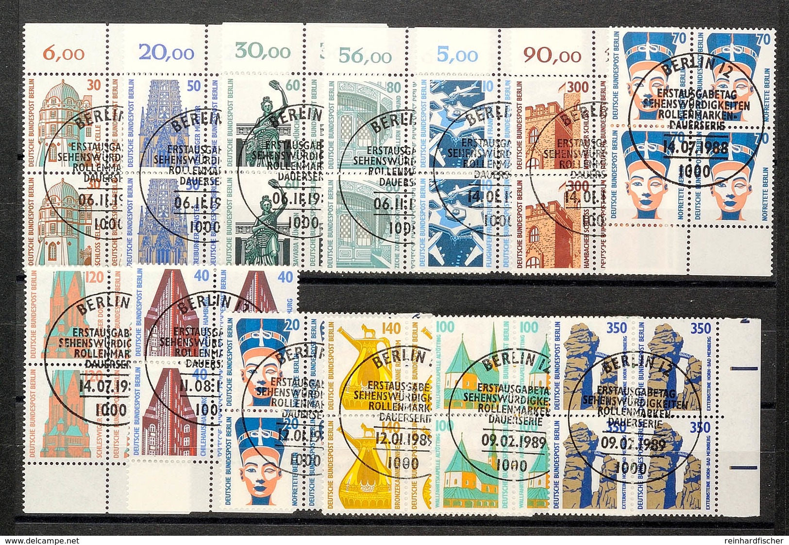 10 Bis 350 Pfg Sehenswürdigkeiten 1987/1989, 13 Verschiedene Tadellose Bogenrand-Viererblocks Mit Ersttagssonderstempel, - Andere & Zonder Classificatie