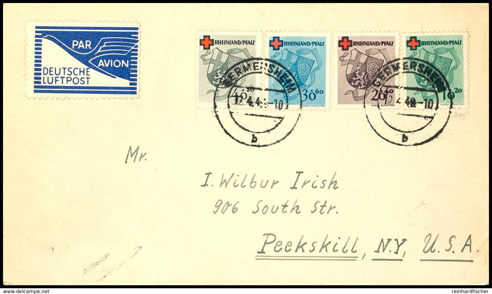 10 - 40 Pfg Rotes Kreuz, 4 Werte Komplett Auf überfrankiertem R-Luftpostbrief Von "GERMERSHEIM 12.4.49" Nach Peekskill/U - Andere & Zonder Classificatie