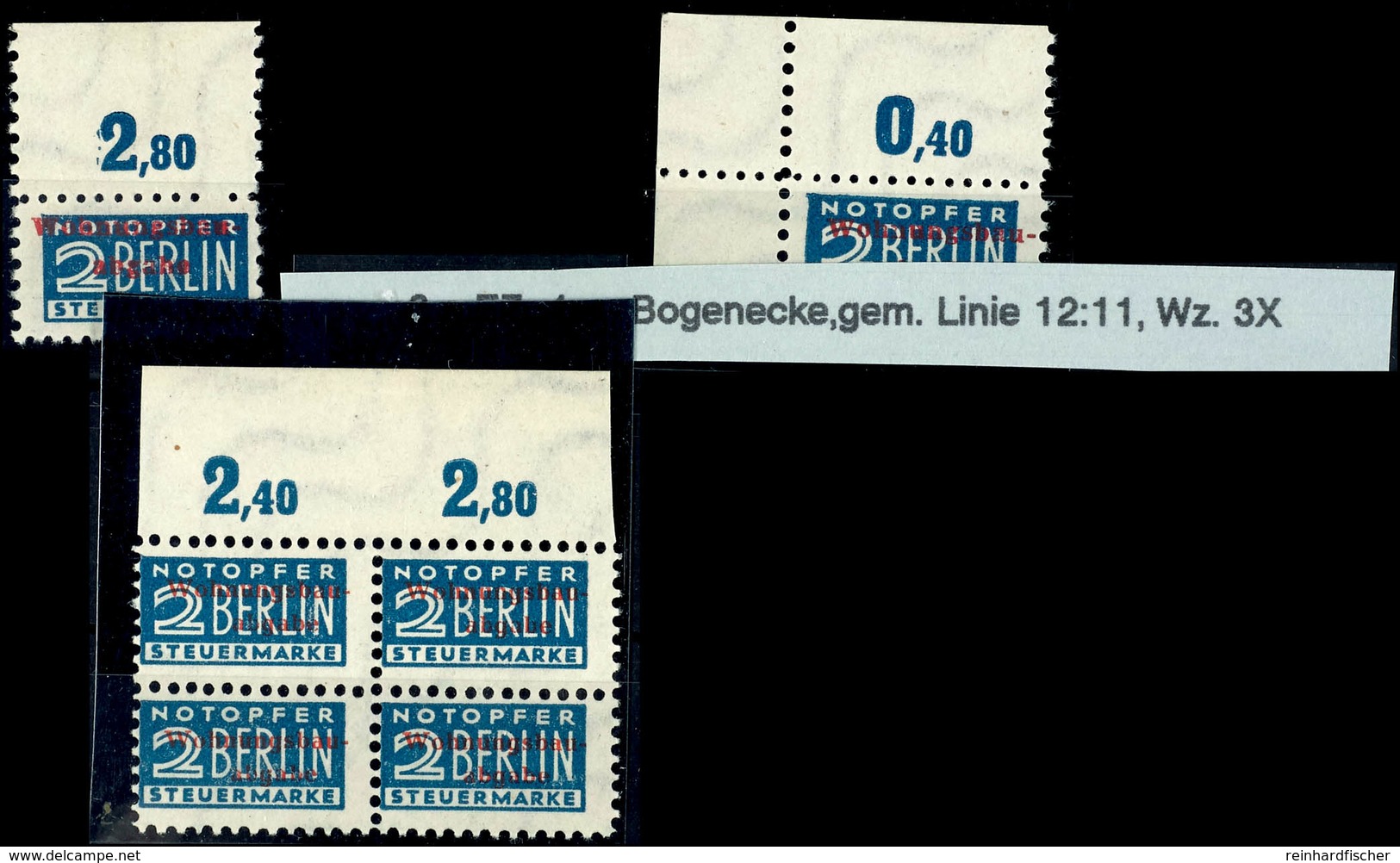 3 Verschiedene Werte WoBau/Notopfer Tadellos Postfrisch: 2aEZa Oberrand, 2a EZb ER Links Oben (gepr. Harlos BPP), 2b CZ  - Andere & Zonder Classificatie