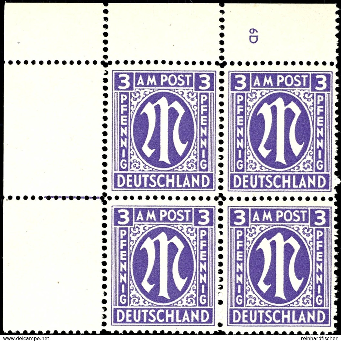 3 Pfg AM-Post, Englischer Druck, Auf Papier Y, Eckrand-4er-Block Mit Platten-Nr. "6D", Tadellos Postfrisch, Unsigniert,  - Other & Unclassified