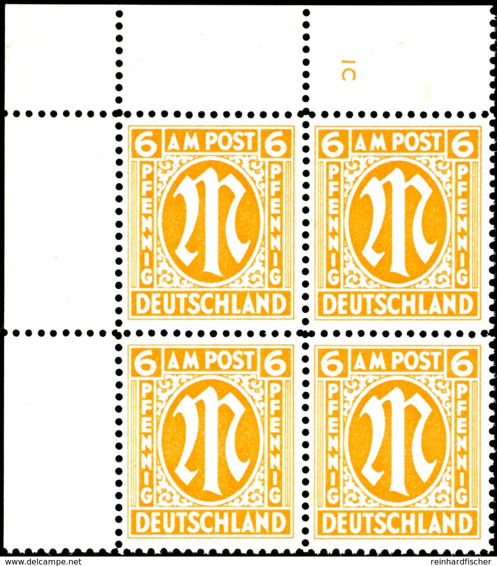 6 Pf. AM-Post Englischer Druck, Orange, Linker Oberer Eckrand-4er-Block Mit Plattennummer IC, Postfrisch, Kurzbefund Weh - Other & Unclassified