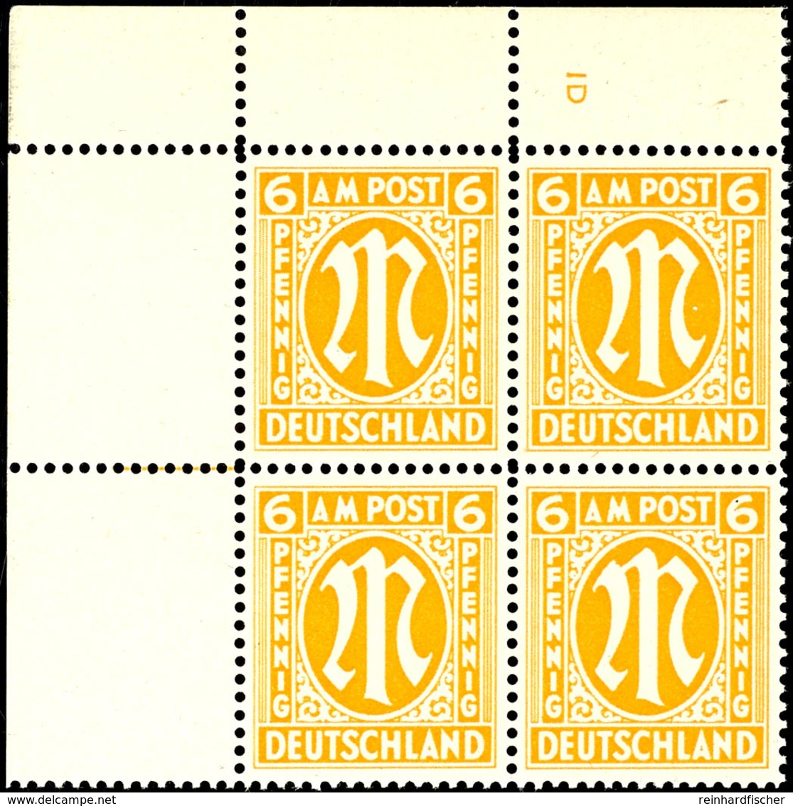 6 Pfg AM-Post, Englischer Druck, Eckrand-4er-Block Mit Platten-Nr. "1D", Tadellos Postfrisch, Unsigniert, Mi. 366,-, Kat - Other & Unclassified