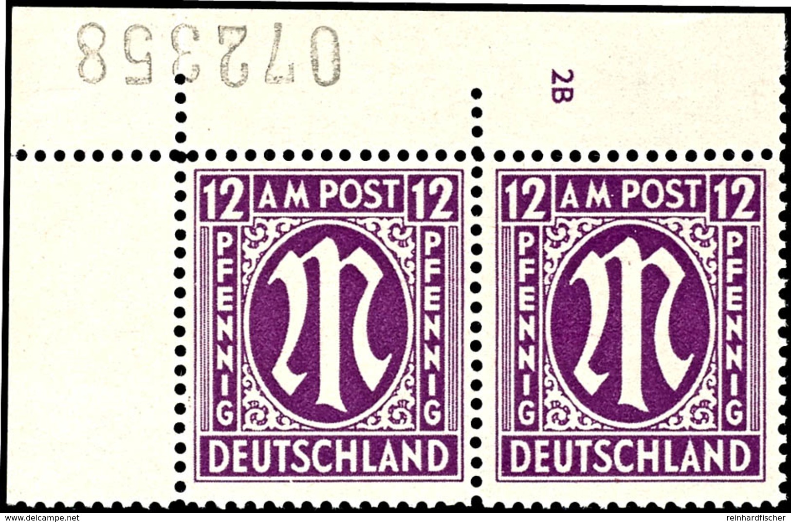 12 Pf. AM-Post Englischer Druck, Dunkelrotviolett, Gez. 14 3/4:14½, Waager. Linkes Oberes Eckrandpaar Mit Plattennummer  - Andere & Zonder Classificatie