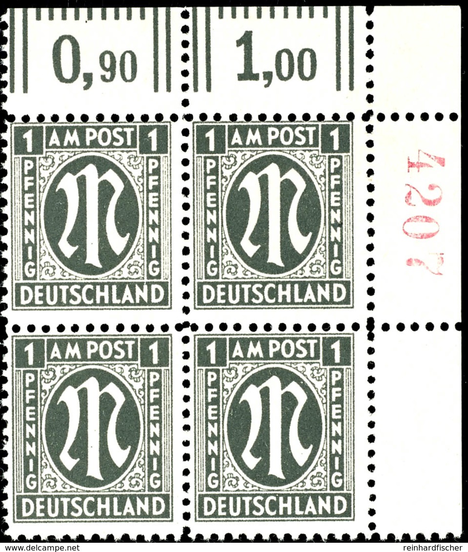 1 Pfg AM-Post, Deutscher Druck, Eckrand-4er-Block Mit Roter Bogenrandzählnummer "4207", Tadellos Postfrisch, Unsigniert, - Other & Unclassified