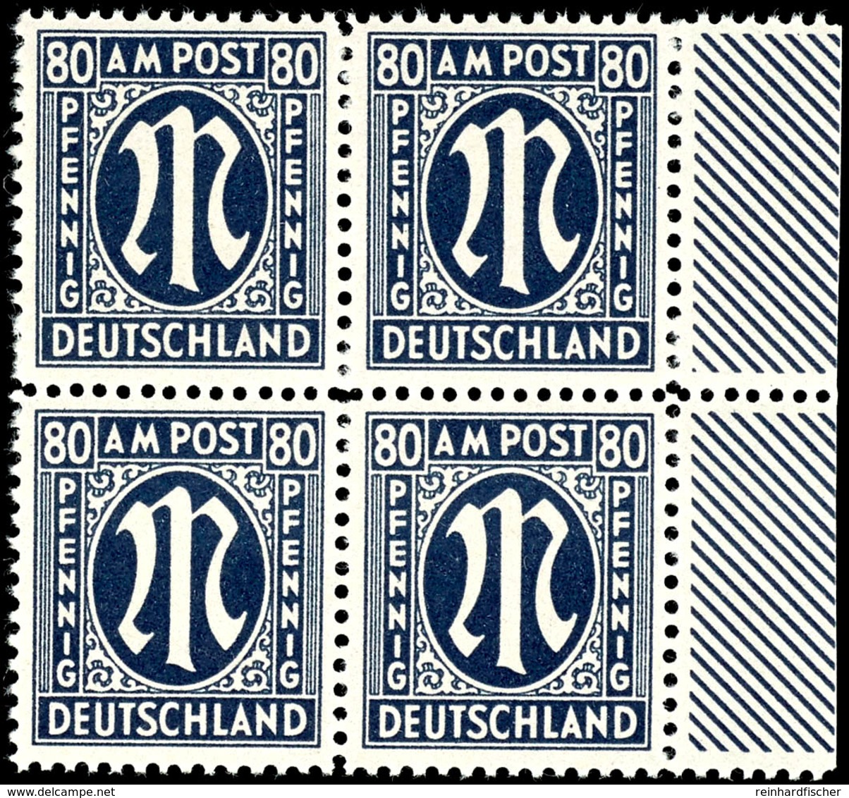 80 Pf. Schwarzblau, Tadellos Postfrischer Randviererblock, Fotoattest Hettler BPP "echt Und Einwandfrei", Mi. 720,-, Kat - Andere & Zonder Classificatie