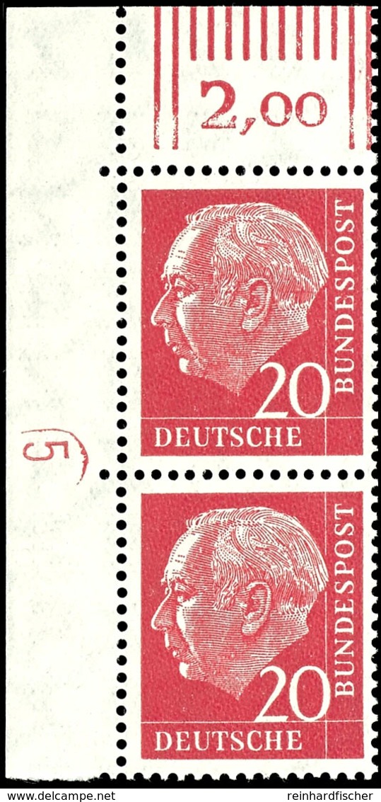 20 Pfg Heuss, Senkrechtes Paar Mit Linker Oberer Bogenecke Und Druckerzeichen "5" (Pos. 2a), Tadellos Postfrisch, Unsign - Andere & Zonder Classificatie