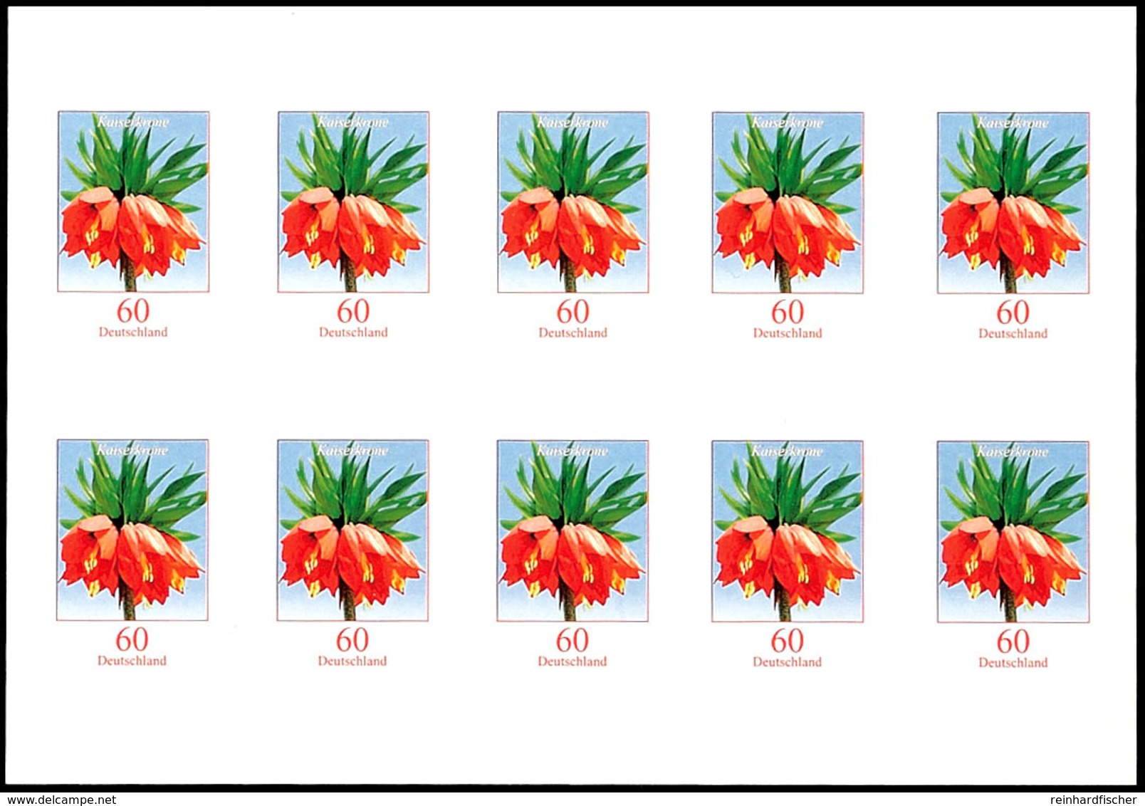 60 C. Dauerserie Blumen "Kaiserkrone", Folienblatt Mit 10 Briefmarken, Mit Abart "ungestanzt", Tadellos Postfrisch Bis A - Andere & Zonder Classificatie