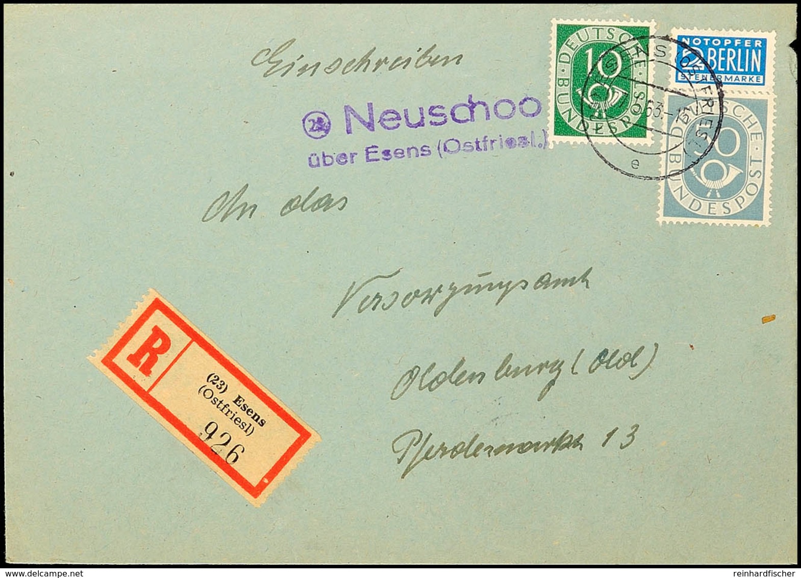 "Neuschoo über Esens (Ostfriesl.)", Viol. L2 Mit PLZ "23" Auf Fern-R-Brief 1953 Nach Oldenburg, Katalog: 128,134 BF - Andere & Zonder Classificatie