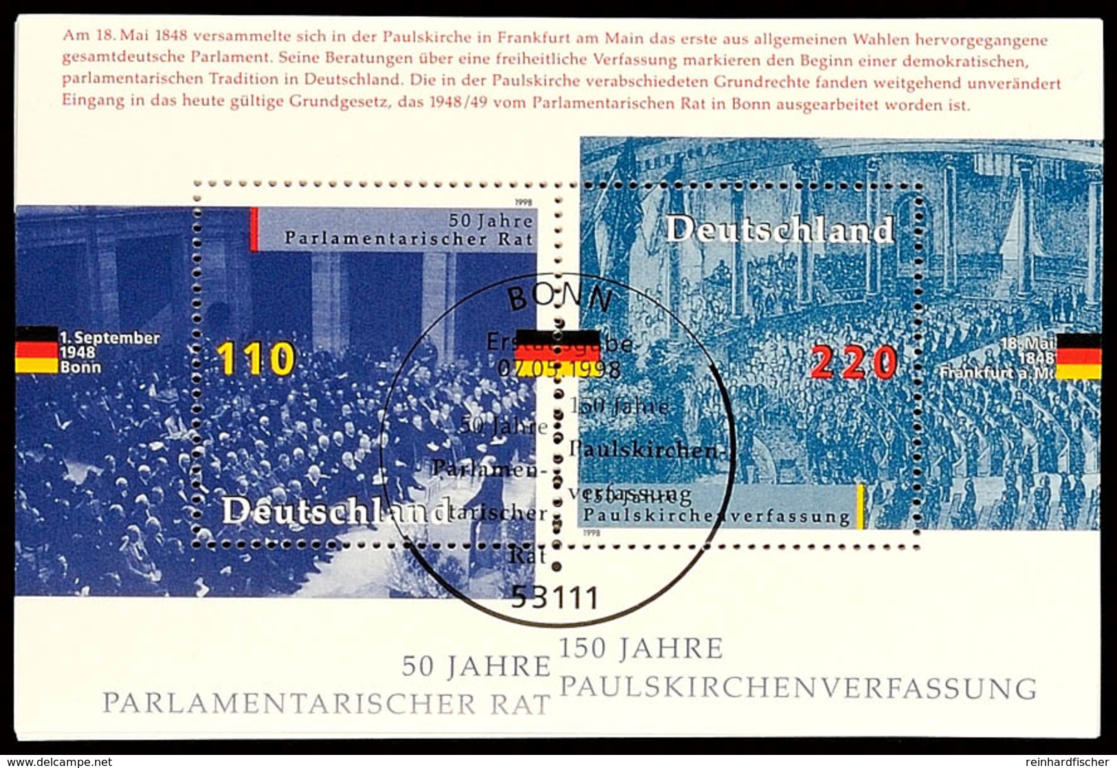 1998, Block-Ausgabe "50 Jahre Parlamentarischer Rat, 150 Jahre Paulskirchenverfassung", 50 Stück Mit ESST BONN, Mi. 325. - Andere & Zonder Classificatie