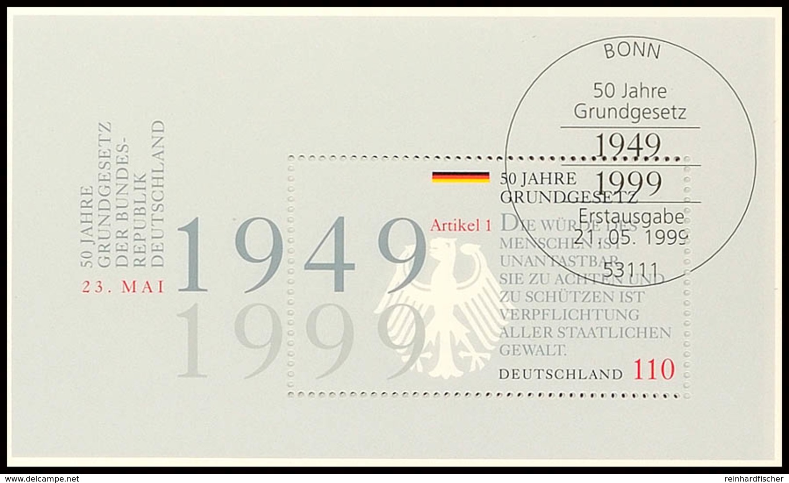 1999, Block-Ausgabe "50 Jahre Grundgesetz", 50 Stück Mit ESST BONN, Mi. 200.-, Katalog: Bl.48(50) ESST - Other & Unclassified