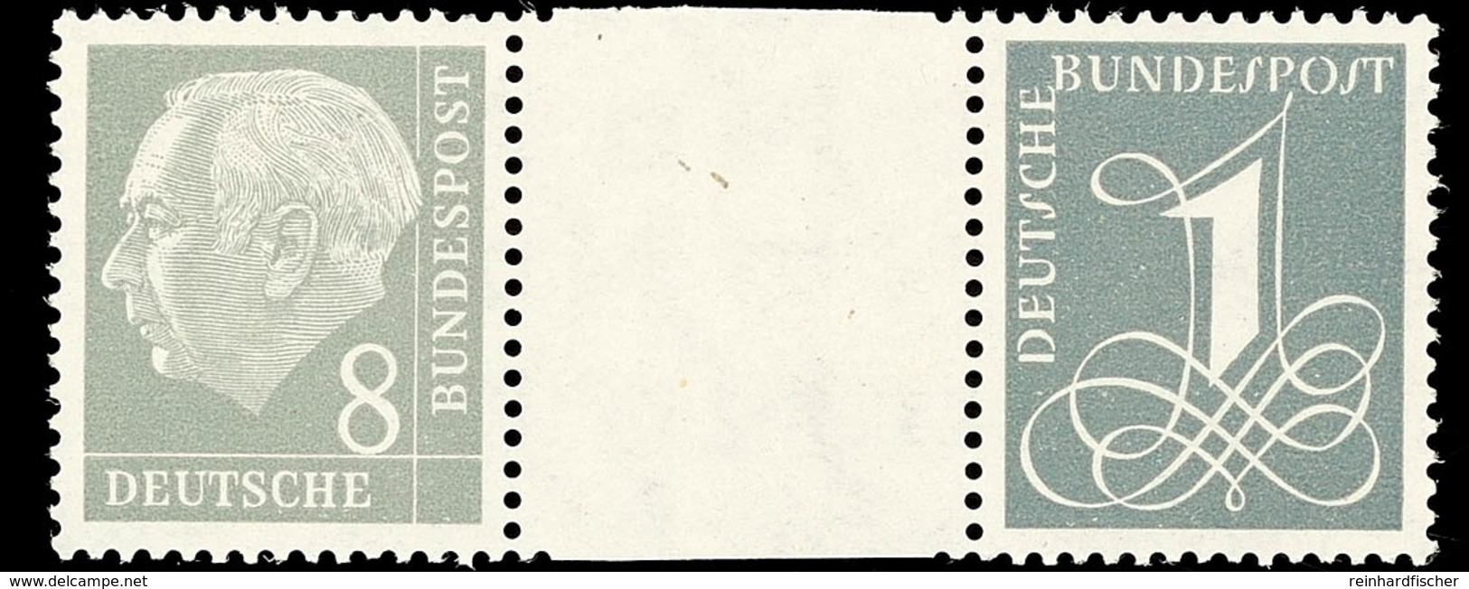 8 Pfg Heuss + Z + 1 Pfg Ziffernzeichnung, Waagr. Zusammendruck Mit Zwischensteg, Tadellos Postfrisch, Mi. 90.-, Katalog: - Zusammendrucke