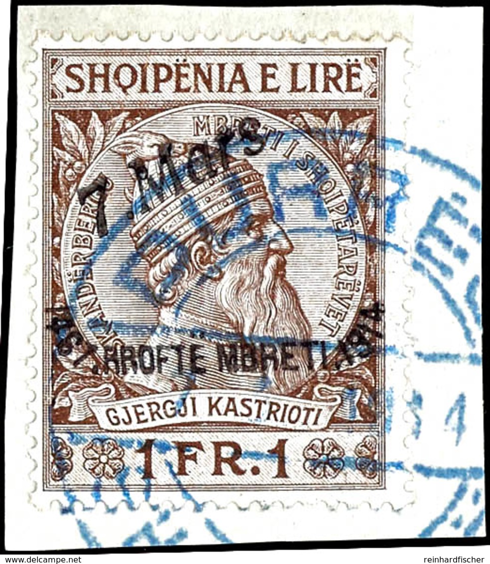1914, 2 Quarter-1 Franken Ankunft Des Königs Mit Blauem Stempel "DURRES 7. 3. 14" Auf Briefstücken, Mi. 500,-, Katalog:  - Duitse Bez.: Albanië