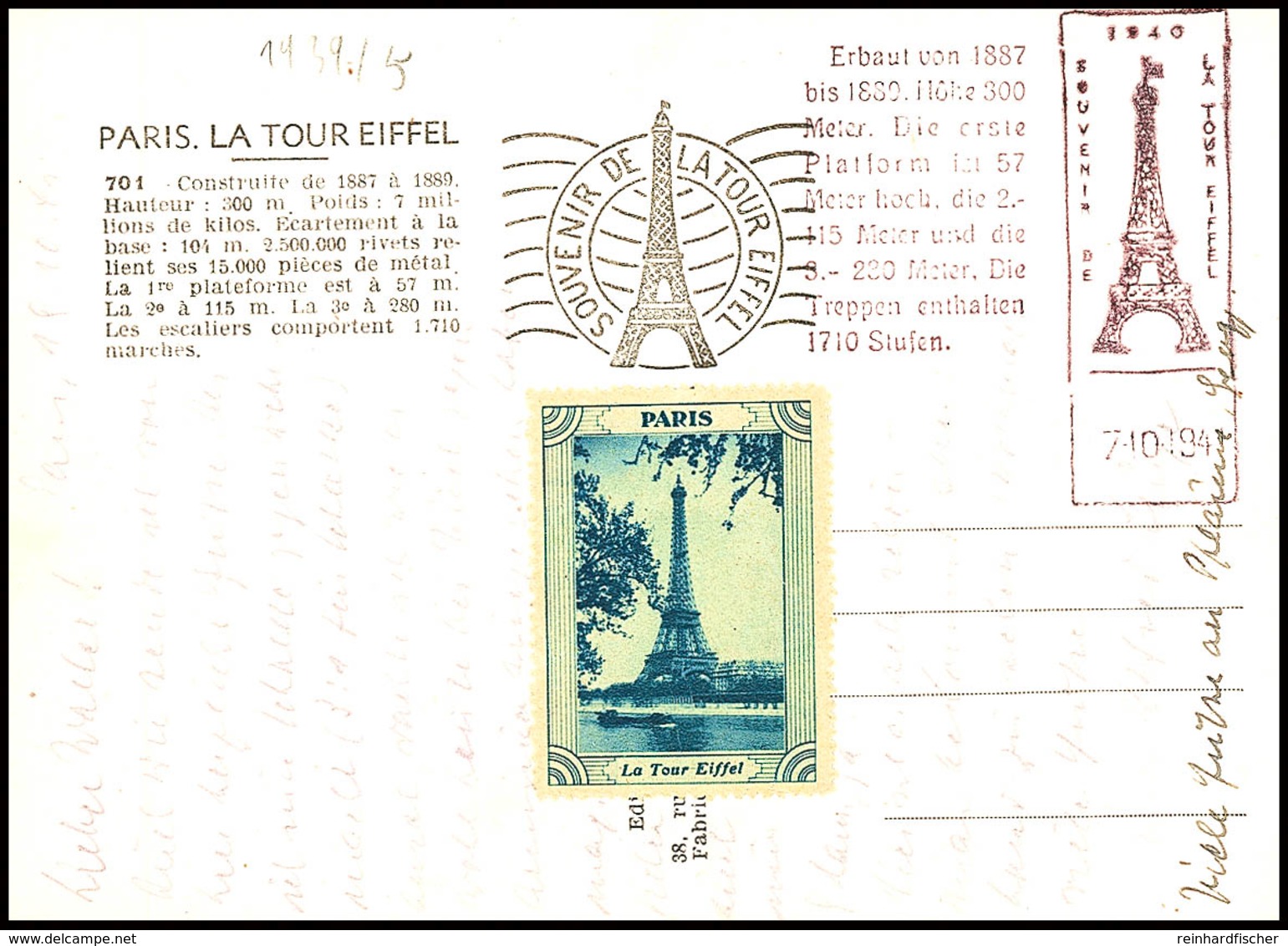 7.10.1941; Souvenirstempel Mit Beigeklebter Vignette Auf S/w Ansichtskarte Vom Eifelturm In Tadelloser Erhaltung  BF - Andere & Zonder Classificatie