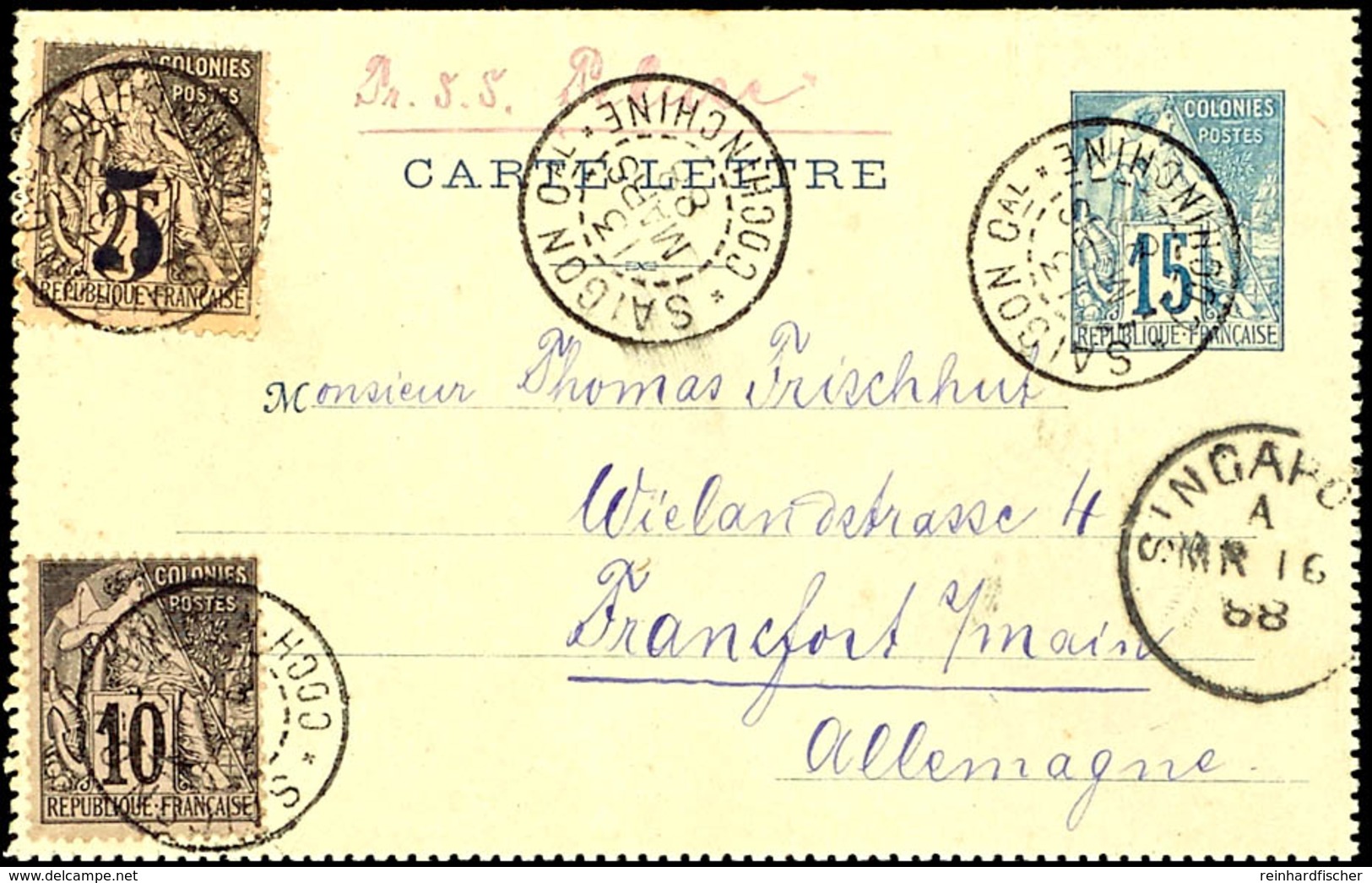 Cochinchine 1886, 5 Cent Auf 25 Cent Schwarz Auf Lilarosa (kleiner Eckbug) In Mischfrankatur Mit Französische Kolonien,  - Andere & Zonder Classificatie