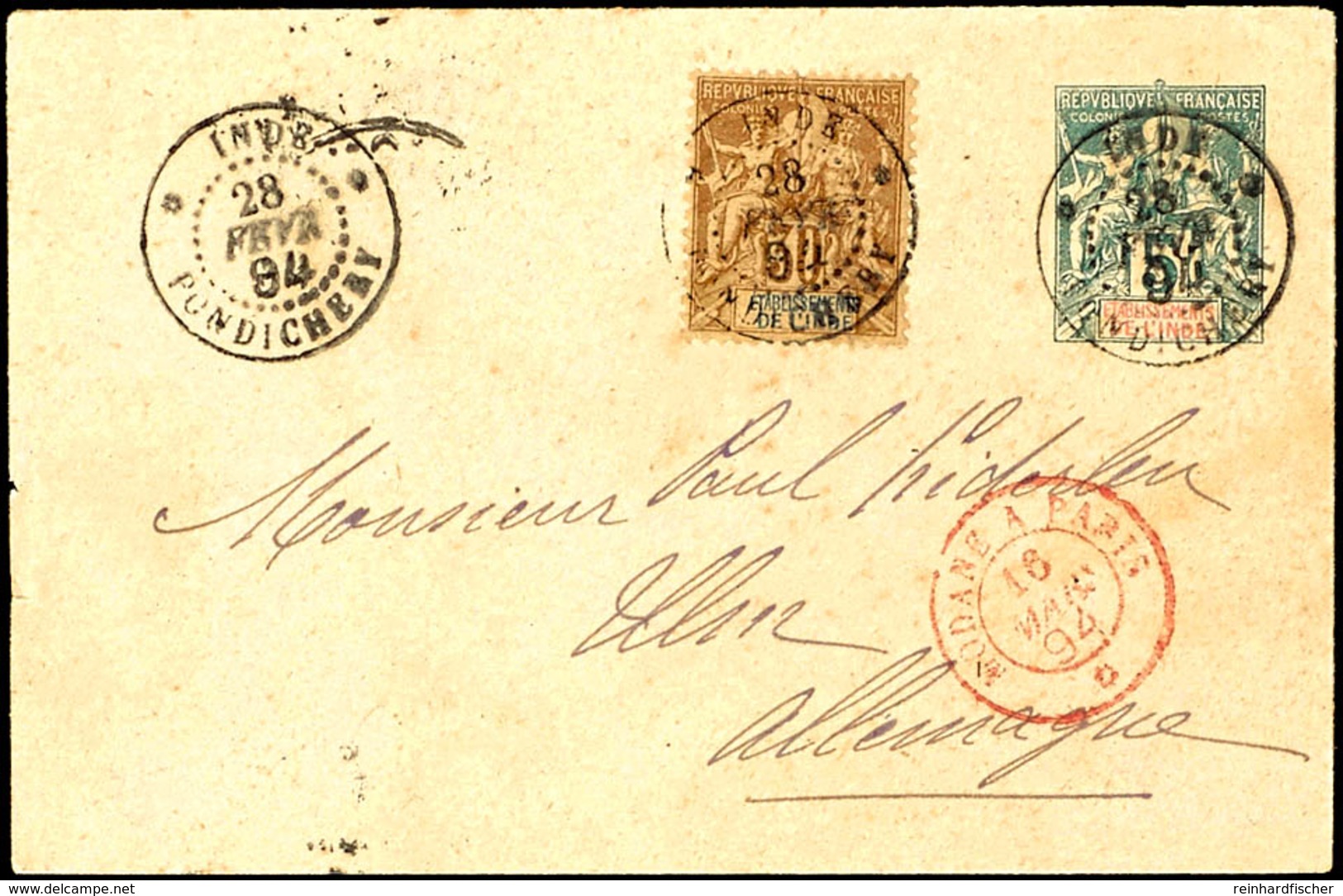1892, 30 Cent Braun/blau Auf Bräunlich Auf Ganzsachenumschlag 5 Cent Grün/rot Von "PONDICHERI 28 FEBR. 84" Nach Ulm, Vor - Andere & Zonder Classificatie