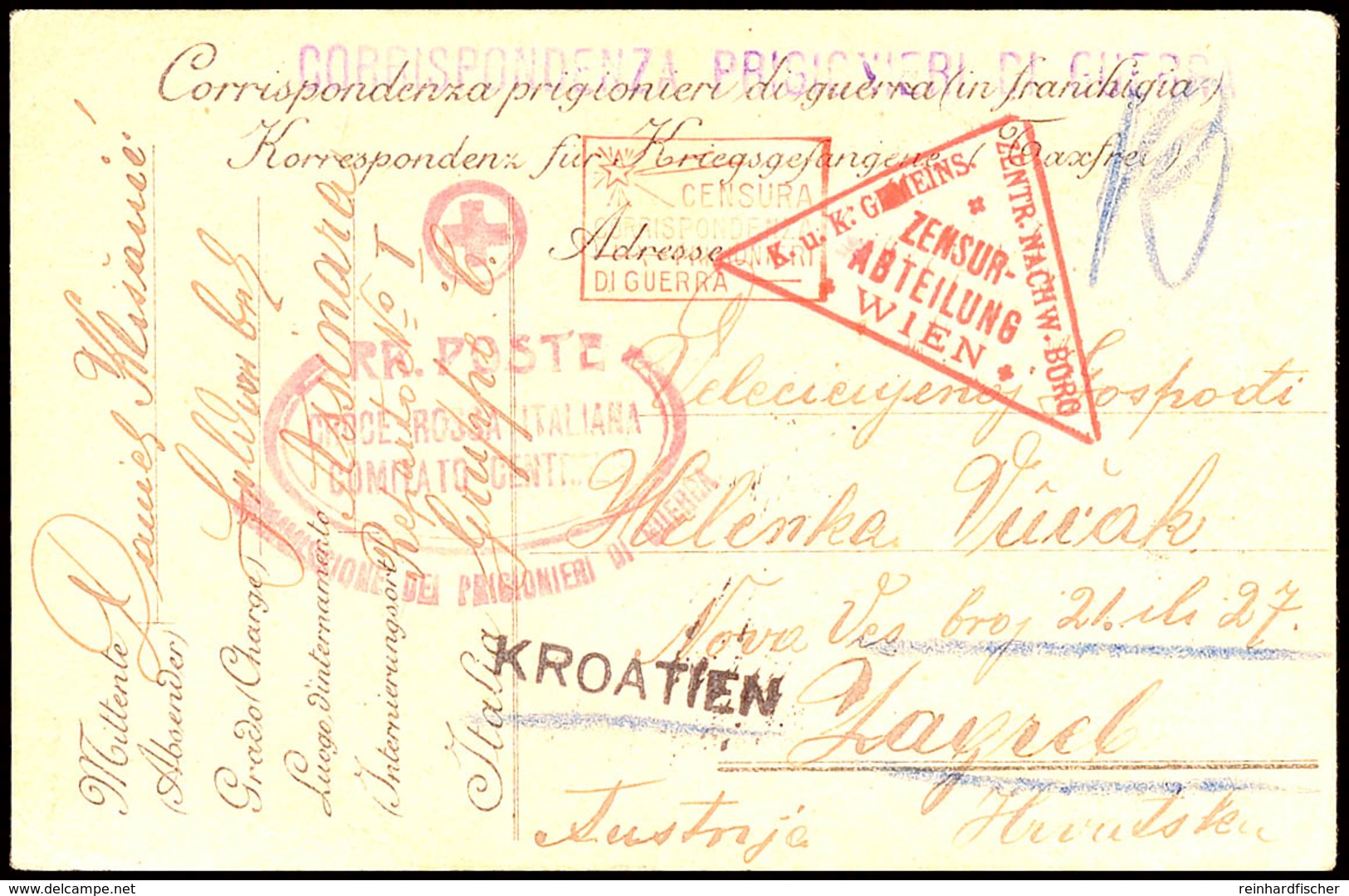 1914/18,  Karte Eines Kroatischen, Feldwebels Aus Italienischer Kriegsgefangenschaft In Assineva Nach Zagreb Mit Italien - Croatia