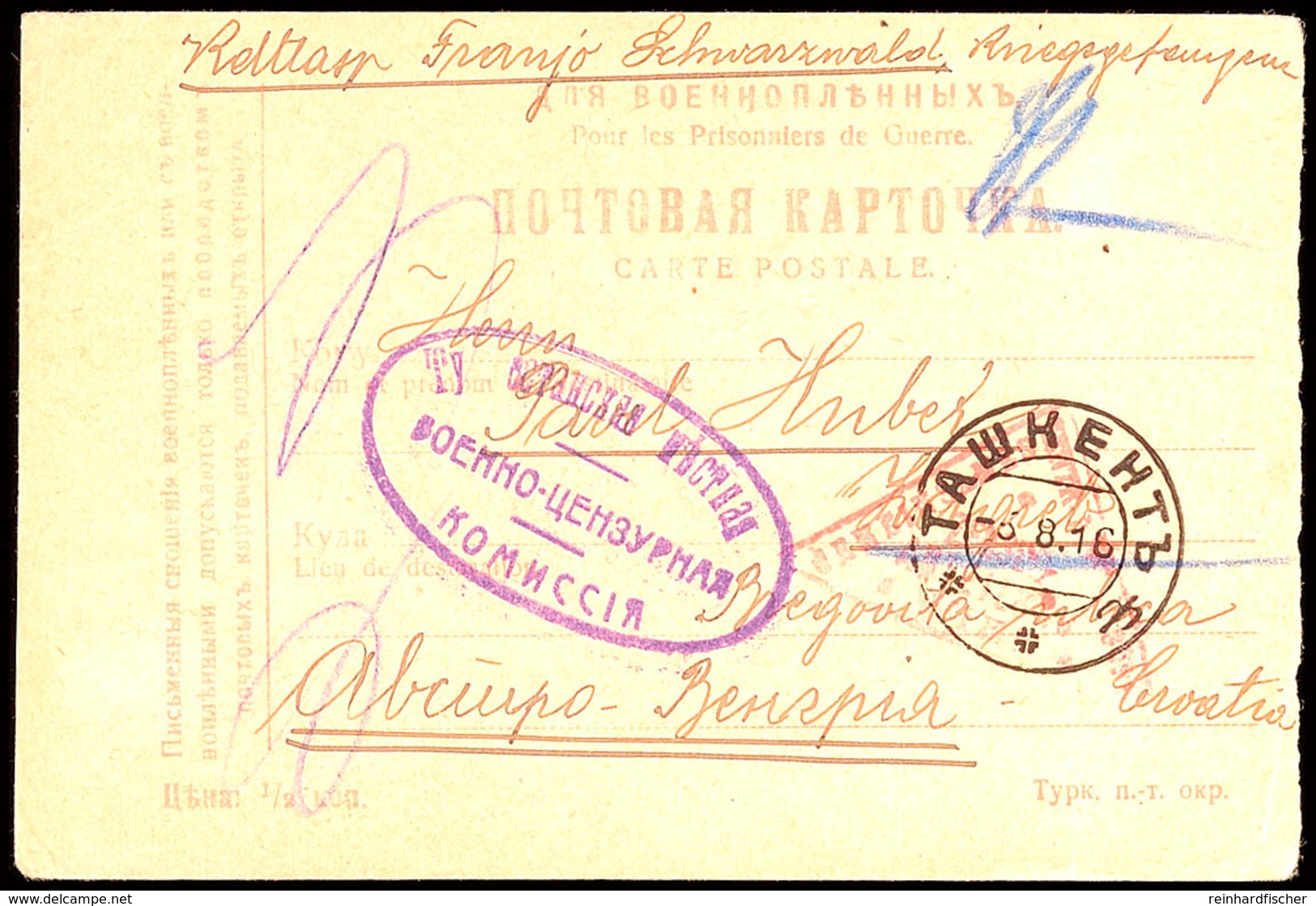 1916, Karte Eines Kroaten Aus Russischer Gefangenschaft In Kasalinsk Nach Zagreb Mit Poststempel Von TASCHKENT 3.8.16 Mi - Kroatië