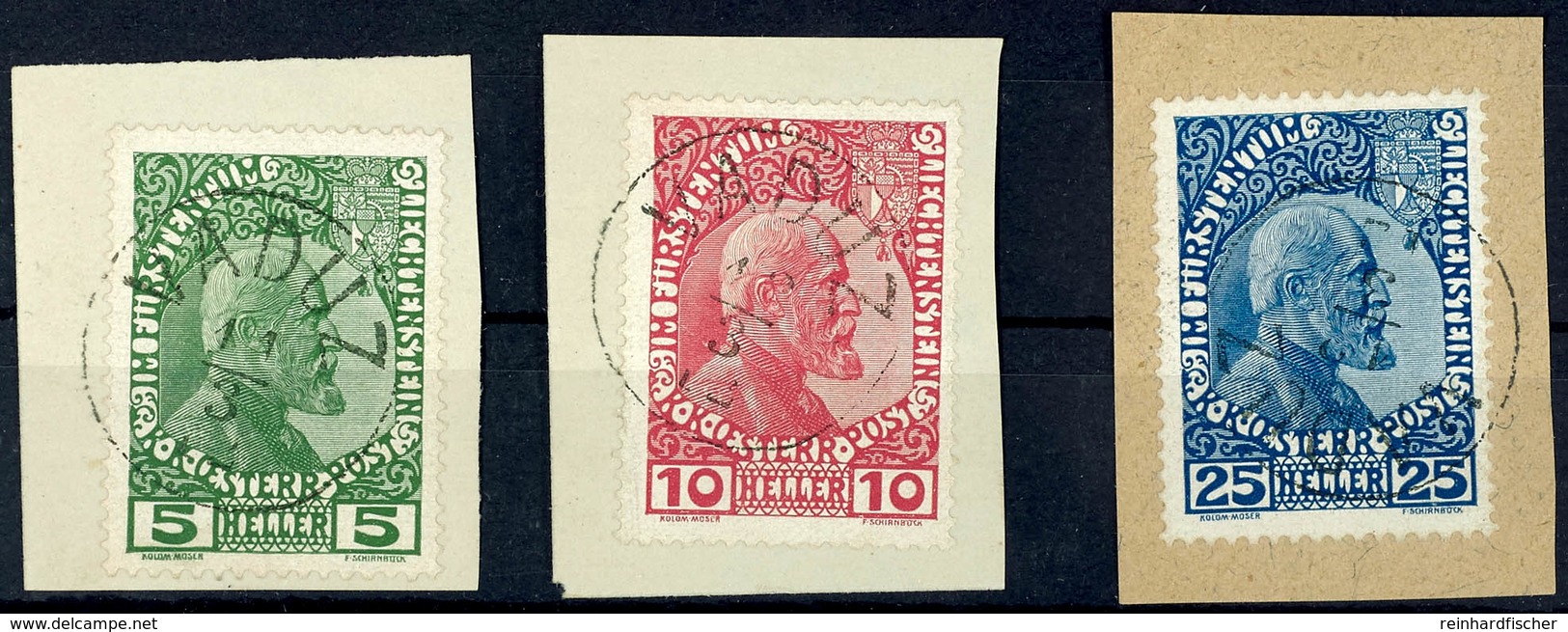 1912, 5 - 25 H. Franziskaner, Gestempelt " VADUZ" Auf Briefstücken, Mi. 90,-, Katalog: 1/3x BS - Other & Unclassified