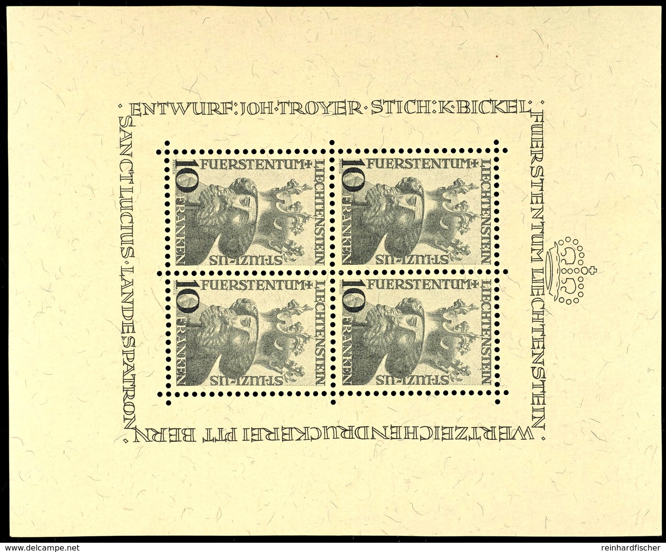 1946, 10 Franken Heiliger Luzius, Kleinbogen, Postfrisch, Mi. 350,-, Katalog: 247KLB ** - Andere & Zonder Classificatie