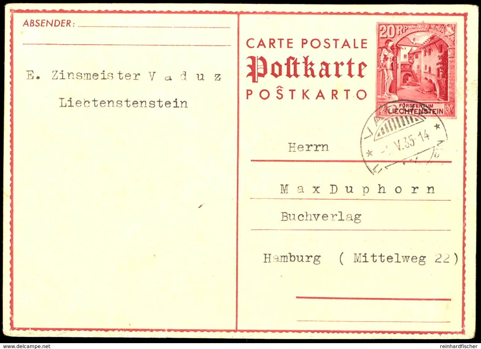 1931, 20 Rp. Ganzsachenkarte Schloss Vaduz Ohne Bild Von "VADUZ 1.V.35" Nach Hamburg / Deutschland, Etwas Bügig, Mi. 200 - Other & Unclassified