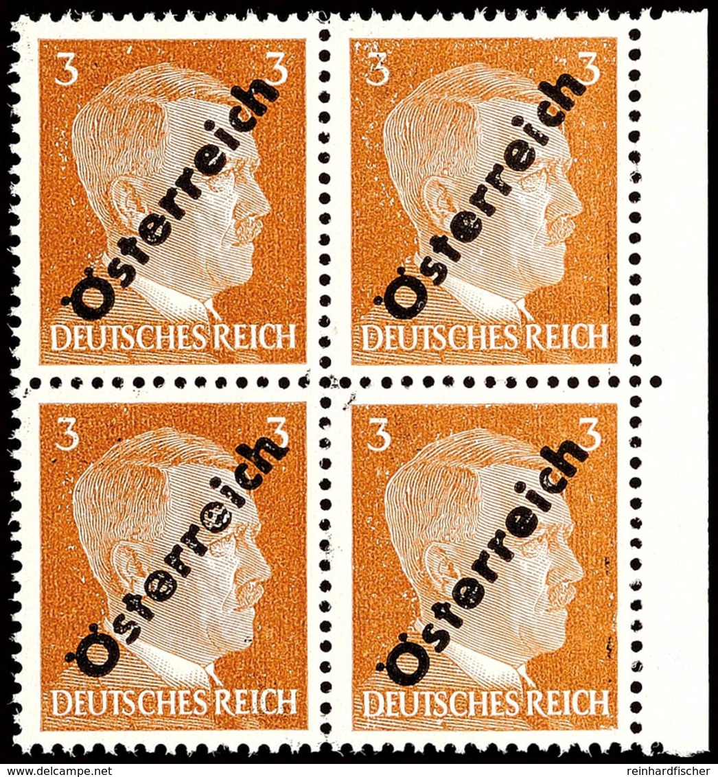 3 Pfg Hitler Mit Überdruck In A-Farbe, Tadellos Postfrischer Viererblock, Gepr. Sturzeis VÖB, Mi. 400.-, Katalog: IVa ** - Other & Unclassified