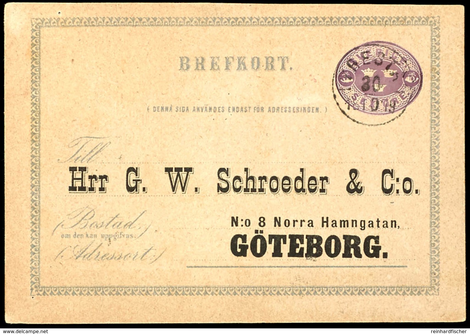 6 Öre, Ganzsachenkarte Mit Firmenzudruck Von "LYRESTADT 30 10 1879" Nach Göteborg, Katalog: P1CII GA - Sweden