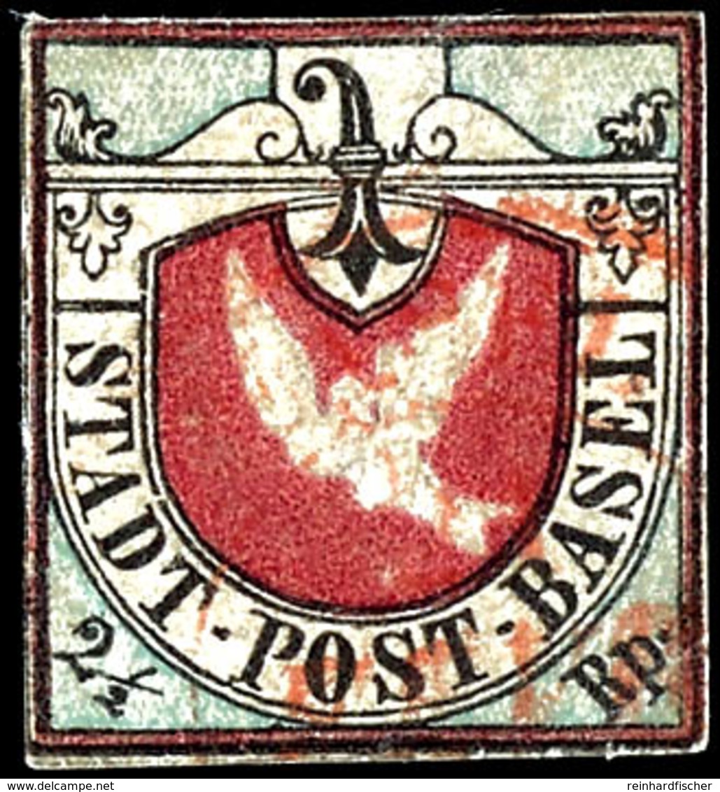 1845, 2 1/2 Rappen Baslertaube Rot/blau/schwarz, Farbfrisch Und Leicht Sauber Gestempelt Mit Rotem Datumsstempel "BASEL" - 1843-1852 Federale & Kantonnale Postzegels