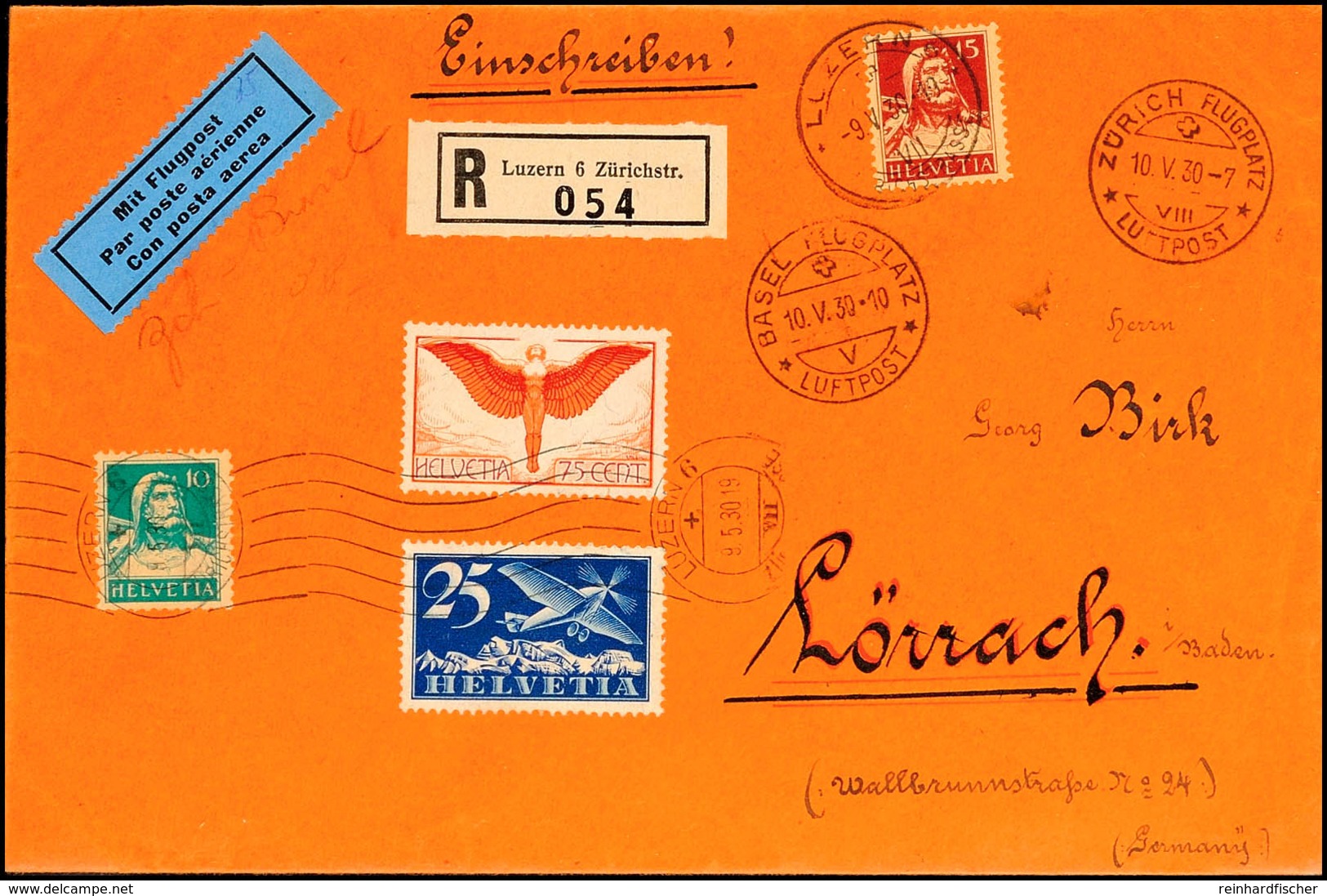 75 C. Flugpost Ikarus Und 25 C. Flugpost Doppeldecker Zusammen Mit 10 Und 15 C. Tell Auf Auslands-Luftpost-R-Brief Von " - Other & Unclassified