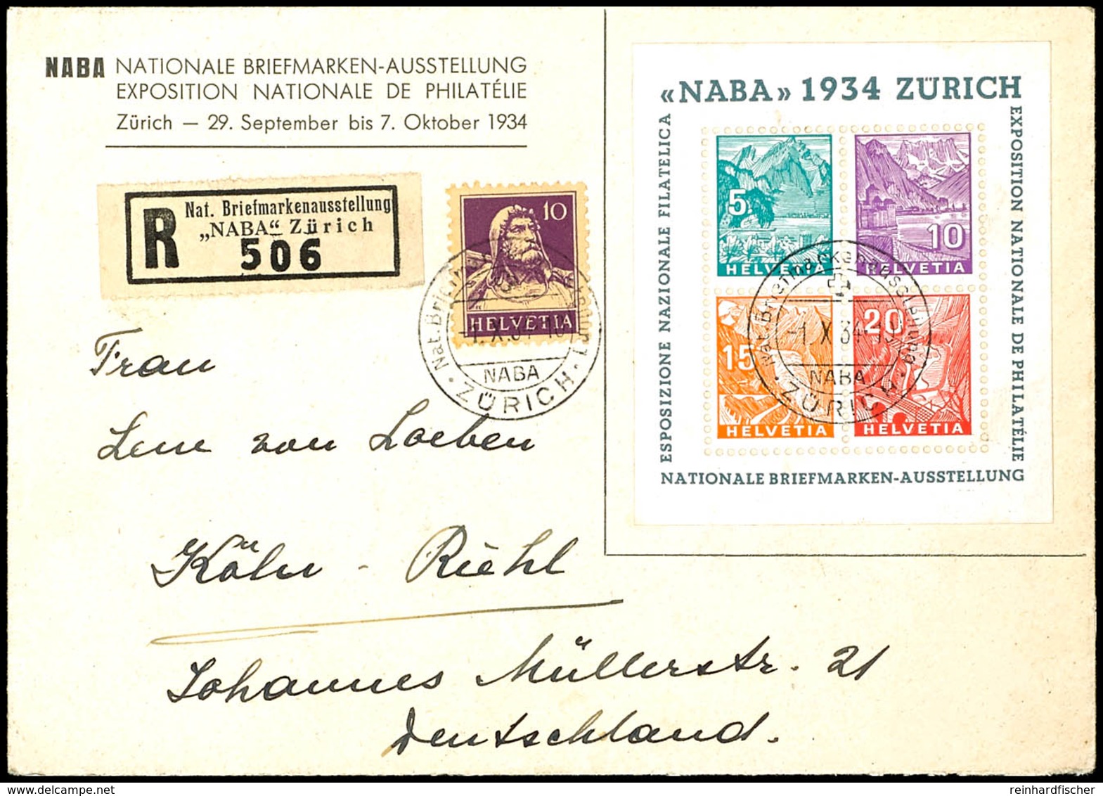 1934, Blockausgabe "Naba 1934, Zürich" In Mischfrankatur Mit 10 C. Freimarke Als Tarifgerechtes Porto Auf R-Brief Von "Z - Andere & Zonder Classificatie