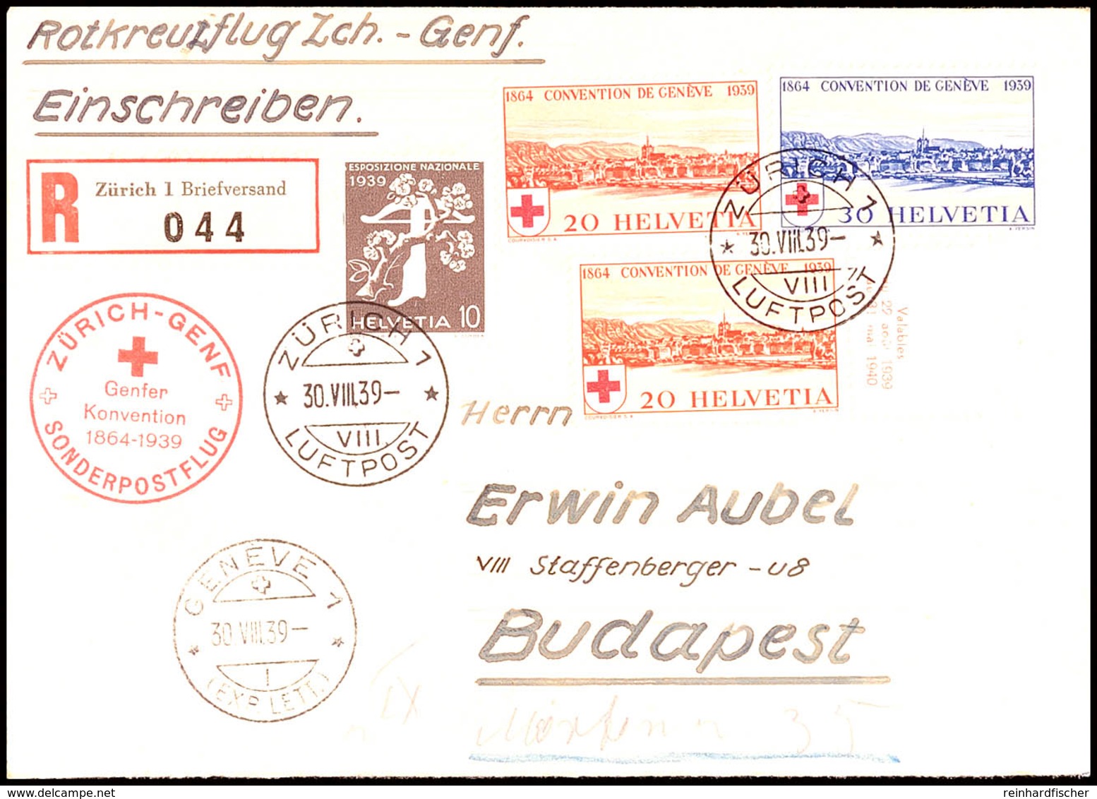 1939 "Zürich-Genf Sonderpostflug Genfer Konvention 1864-1939" (Rotkreuzflug, 75 Jahre Rotes Kreuz) Luftpost-R-Brief Mit  - Andere & Zonder Classificatie
