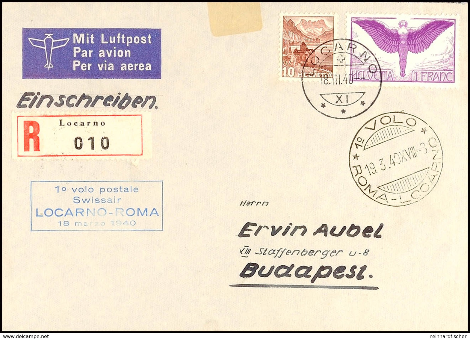 1940, "10 Volo Postale Swissair Locarno - Roma" Lufpost-R-Brief Mit Angegebener Frankatur Von Locarno über Rom/Italien N - Andere & Zonder Classificatie