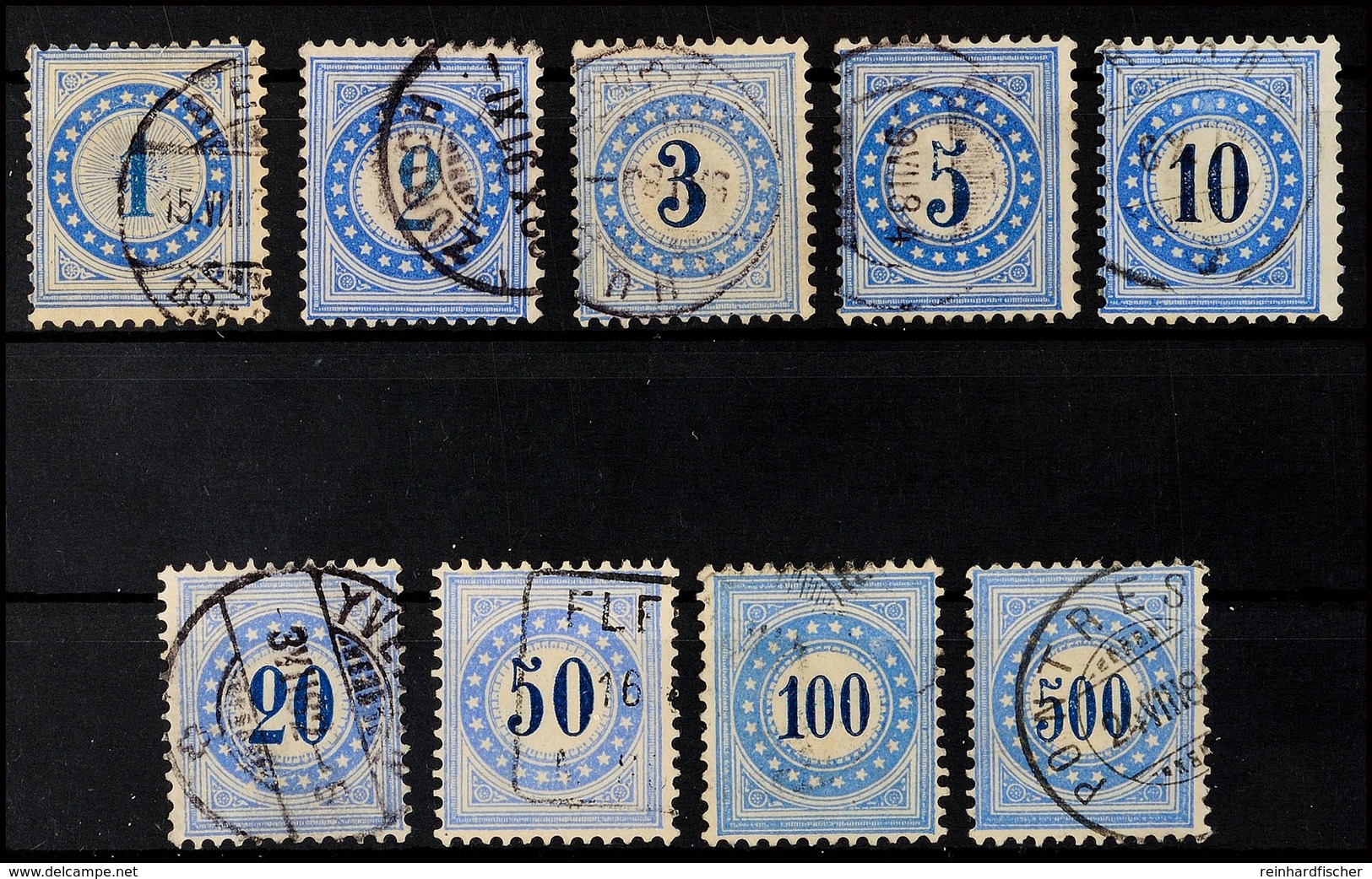 1 Bis 500 C. Blau/dunkelblau, Weißes Papier, Kpl. Satz Tadellos Gestempelt, Mi. 90.-, Katalog: 1/9 O - Strafportzegels
