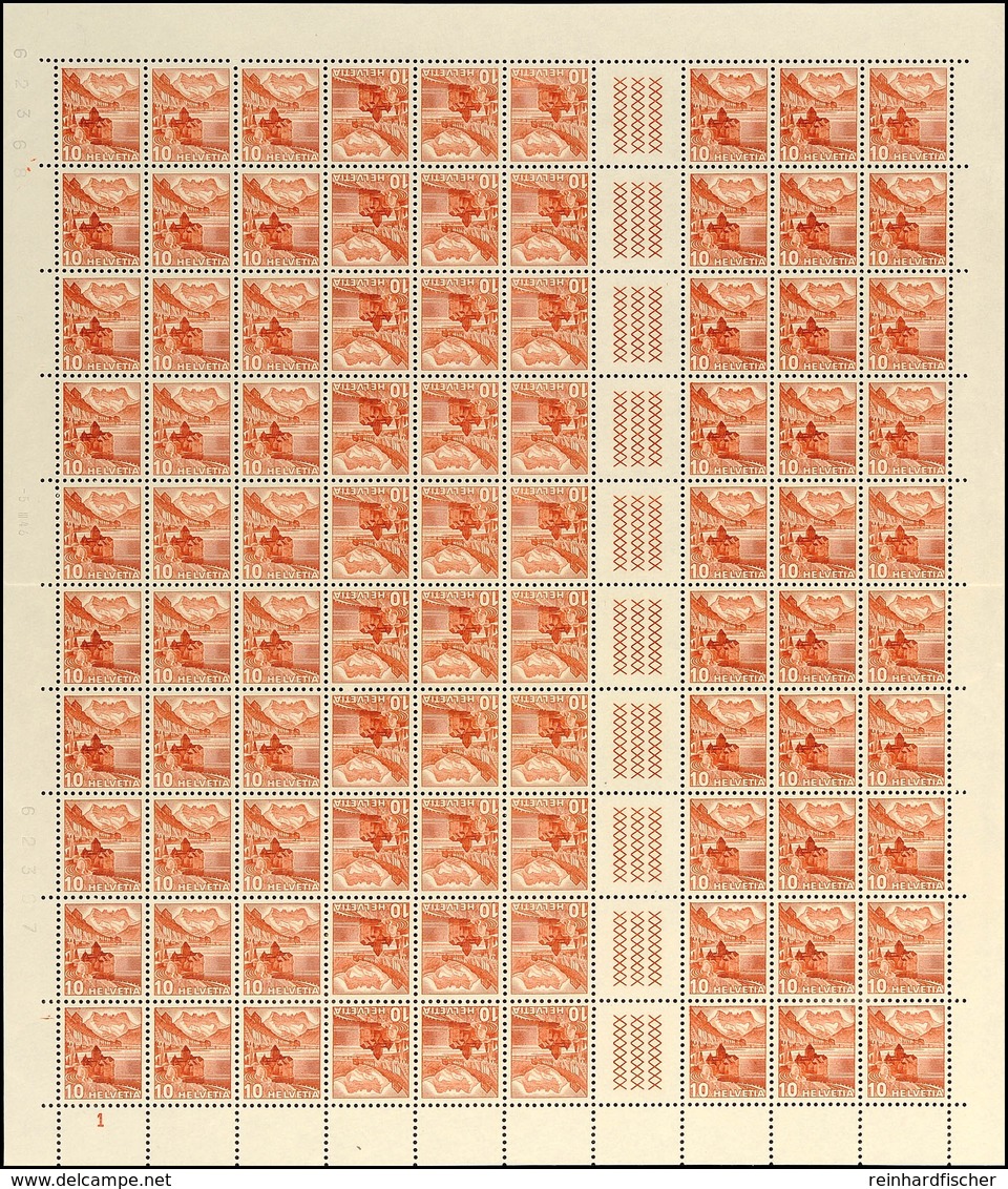 10 Rp. Landschaften 1942 Dunkelrotbraun, Kpl. Markenheftchenbogen Plattennr. 1 Postfrisch, Mittig Waager. Gefaltet, Mi.  - Postzegelboekjes