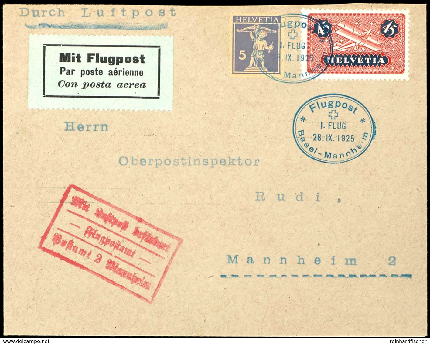 1925, Erstflug Basel-Mannheim, Brief Mit 45 Rp Flugpost Und 5 Rp Tell Mit Entsprechendem Sonderstempel "28.IX.1925" Nach - Andere & Zonder Classificatie