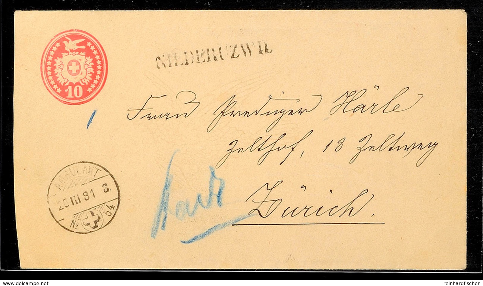 "NIEDERUZWIL" - Stations-L1, Nebst Bahnpoststempel "AMBULANT No.54 28.III.81" Auf GS-Umschlag 10 C. Nach Zürich, Kuvert  - Andere & Zonder Classificatie