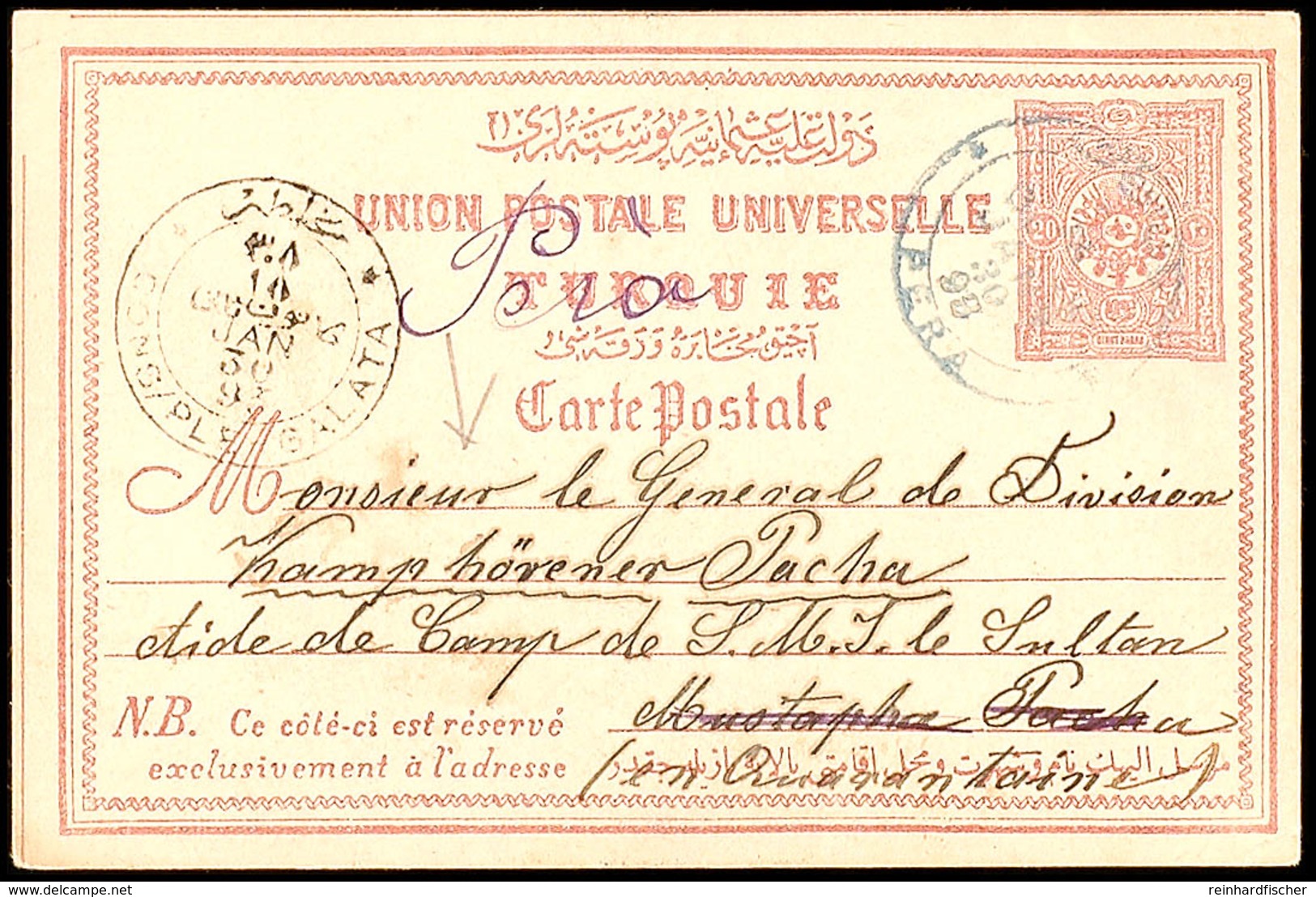 1893, 20 Para GSK Der Türkei Mit Blauem Zweisprachigem K2 PERA 30.1., Bedarfsgebraucht Mit Viel Text An Le General De Di - Turkije