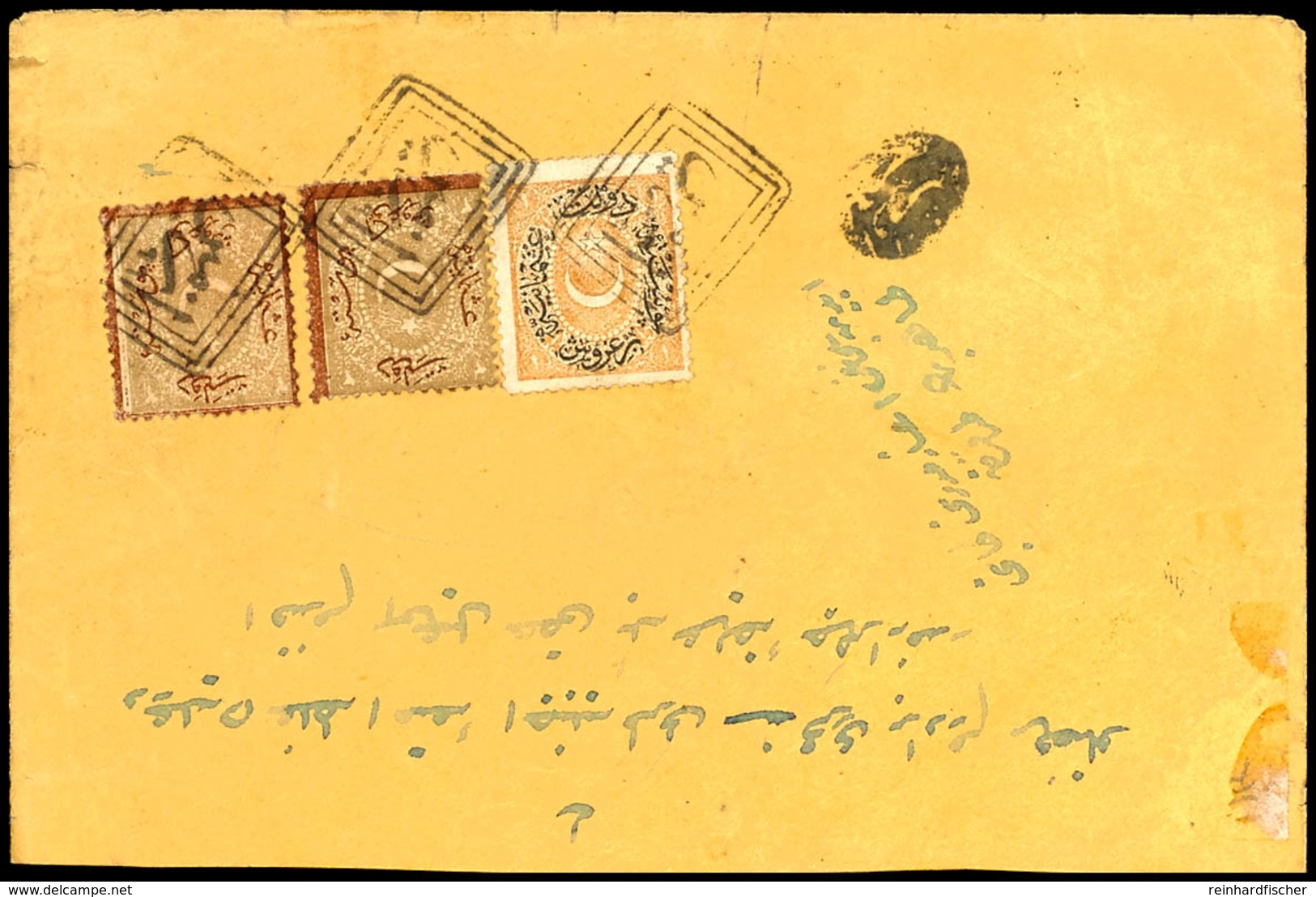 1876, 1 Ghr. Gelb Und Portomarken 2 Ghr. Gelbbraun/rotbraun (2) Mit Besserem Rautengitterstempel Von Izmir, Auf  Brief M - Turkije