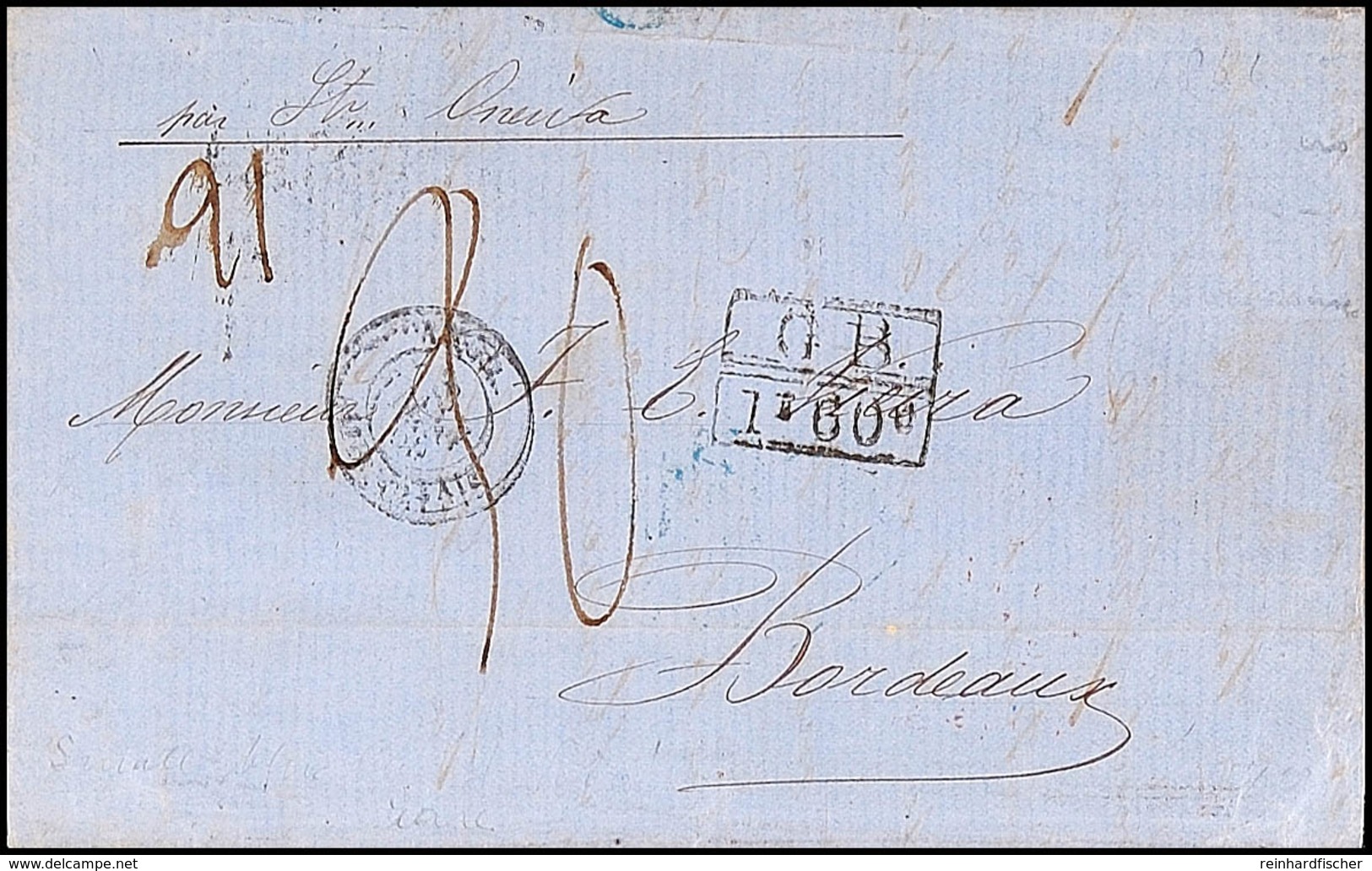 1866, Kompletter Faltbrief Aus Rio De Janeiro Via London Mit Diversen Tax-Vermerken Und Stempel "GB 1 Fr. 60 C" Nach Bor - Brazil