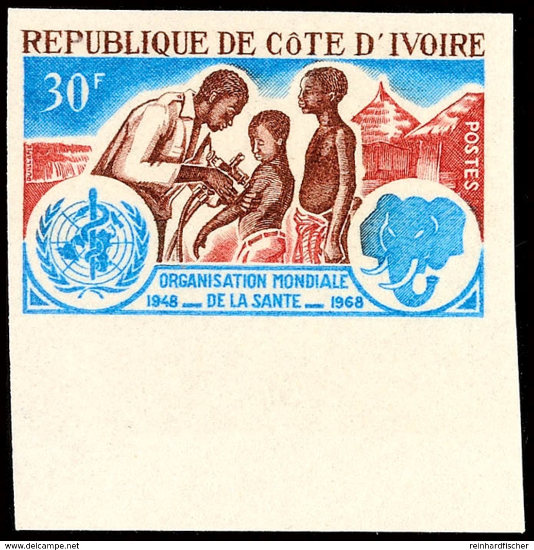 30 Fr. 20 Jahre Weltgesundheitsorganisation (WHO) 1968, Motiv: Arzt Mit Impflingen, Elefantenkopf-Emblem, Ungezähnt Stat - Ivory Coast