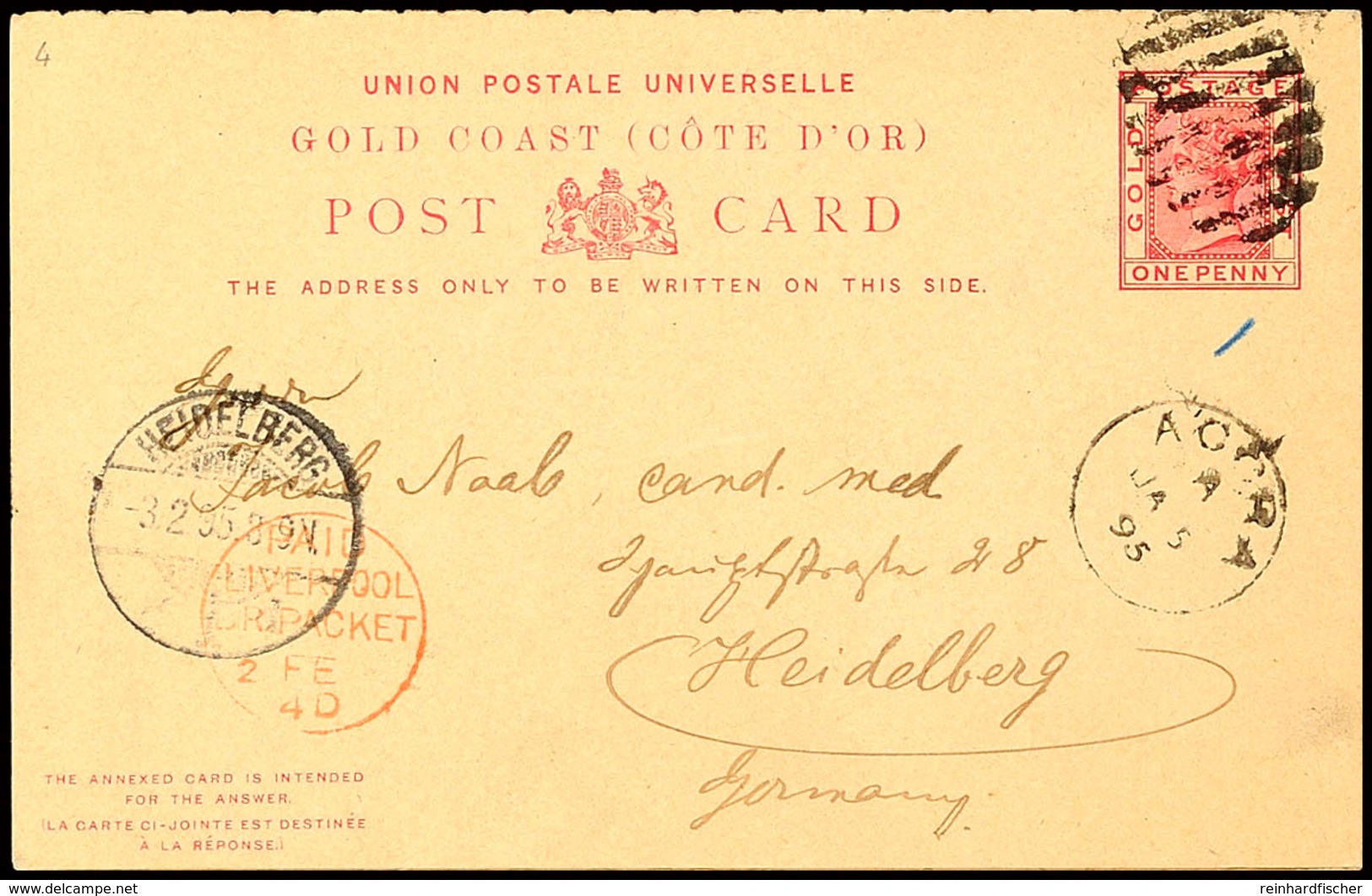 1/1 P. Queen Victoria Frage/Antwort-Ganzsachen-Postkarte, Von "ACCRA JA 5 95" über Liverpool Nach Heidelberg/Deutschland - Goudkust (...-1957)