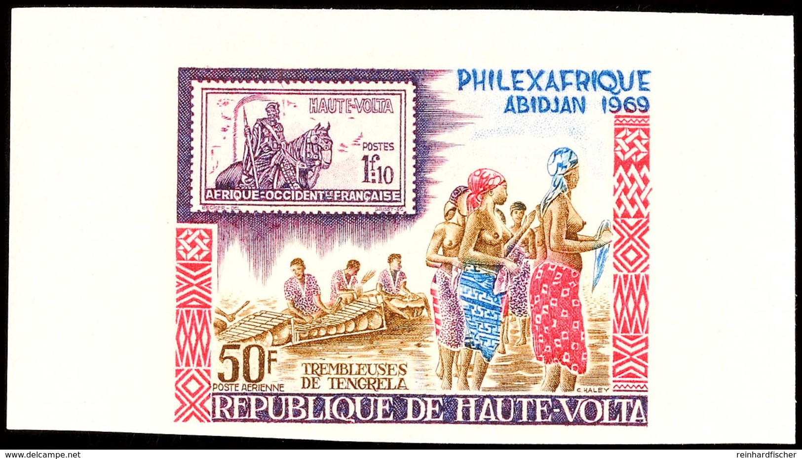 50 Fr. Internationale Briefmarkenausstellung PHILEX-AFRIQUE 1969, Motiv: Marke Auf Marke, Breitrandig Ungezähnter Probed - Opper-Volta (1958-1984)