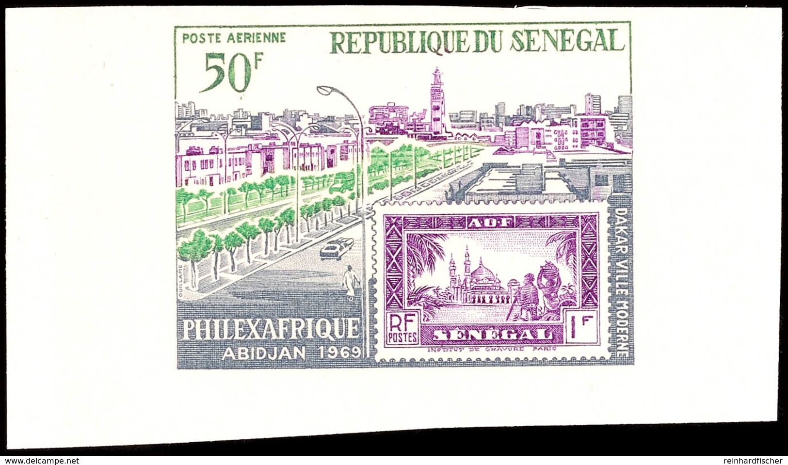 50 Fr. Internationale Briefmarkenausstellung PHILEX-AFRIQUE 1969, Motiv: Marke Auf Marke, Breitrandig Ungezähnter Probed - Senegal (1960-...)