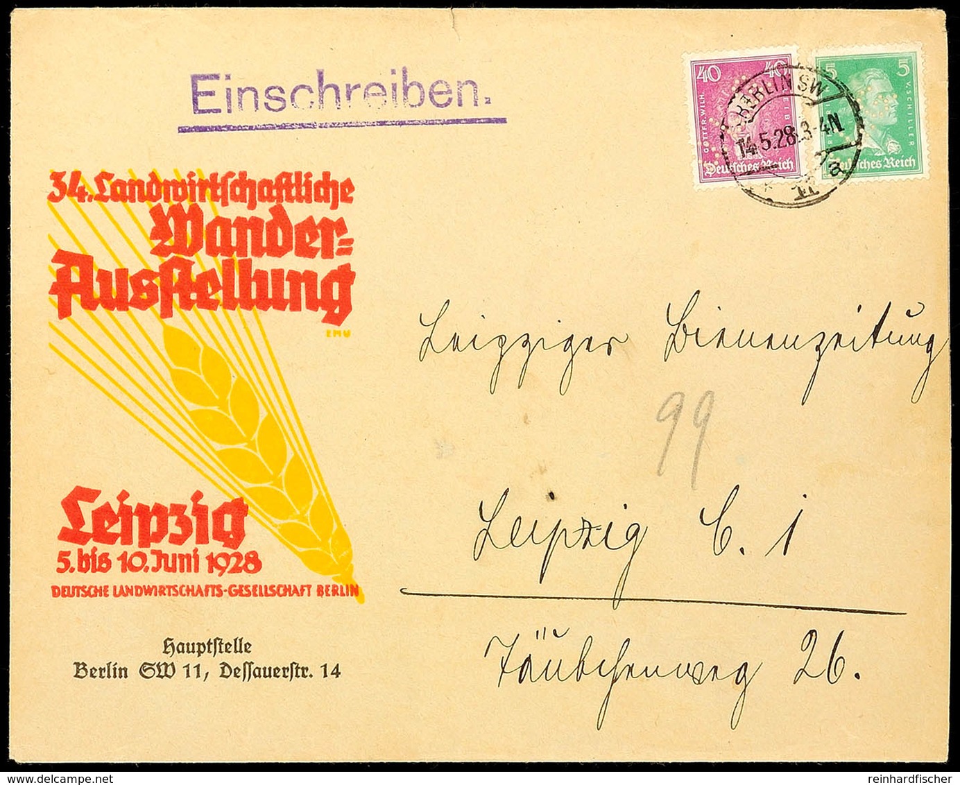 Landwirtschaft, Deutsches Reich 1928, Dekoratives Kuvert "34. Landwirtschaftliche Wander-Ausstellung Leipzig 5. Bis 10.  - Andere & Zonder Classificatie