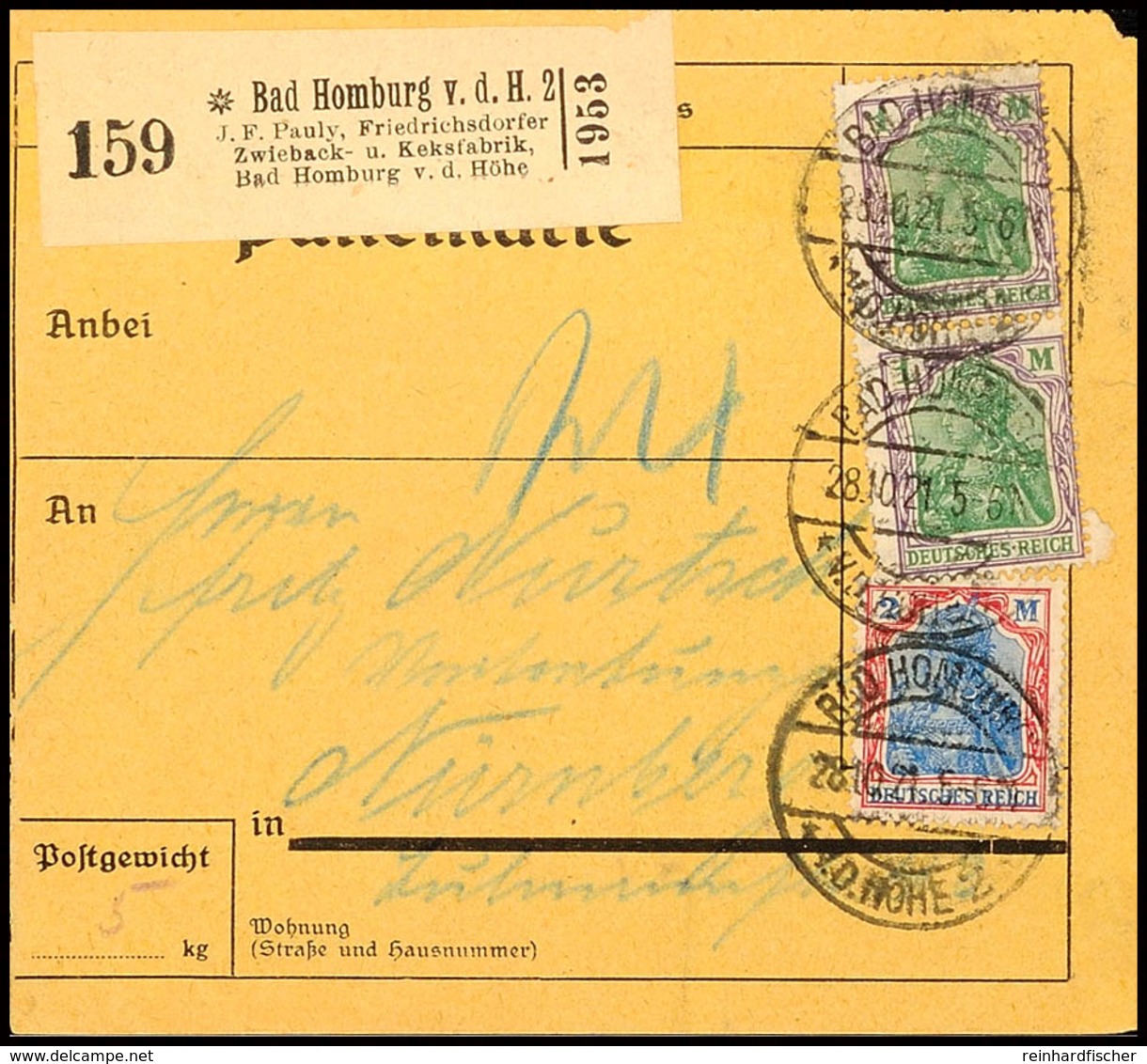 Nahrung Und Genuss, Backwaren, Deutsches Reich 1921, Paketkarte Mit Selbstbucher-Paketzettel "J.F. Pauly, Friedrichsdorf - Andere & Zonder Classificatie