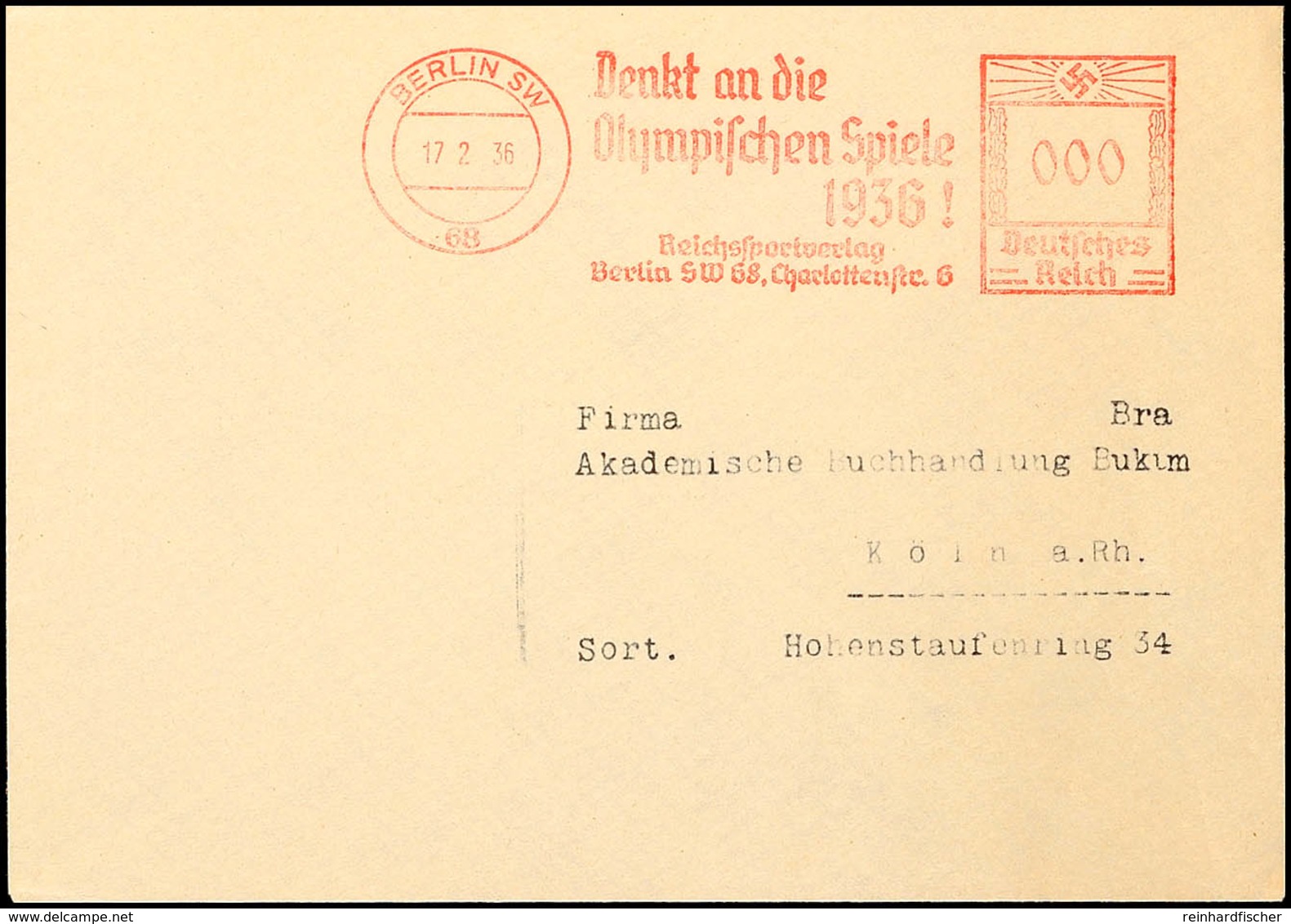 1936, Berlin, Brief Mit Probeabschlag Des Roten Freistempels "BERLIN SW 68 / 17-2-36 / Denkt An Die Olympischen Spiele 1 - Andere & Zonder Classificatie