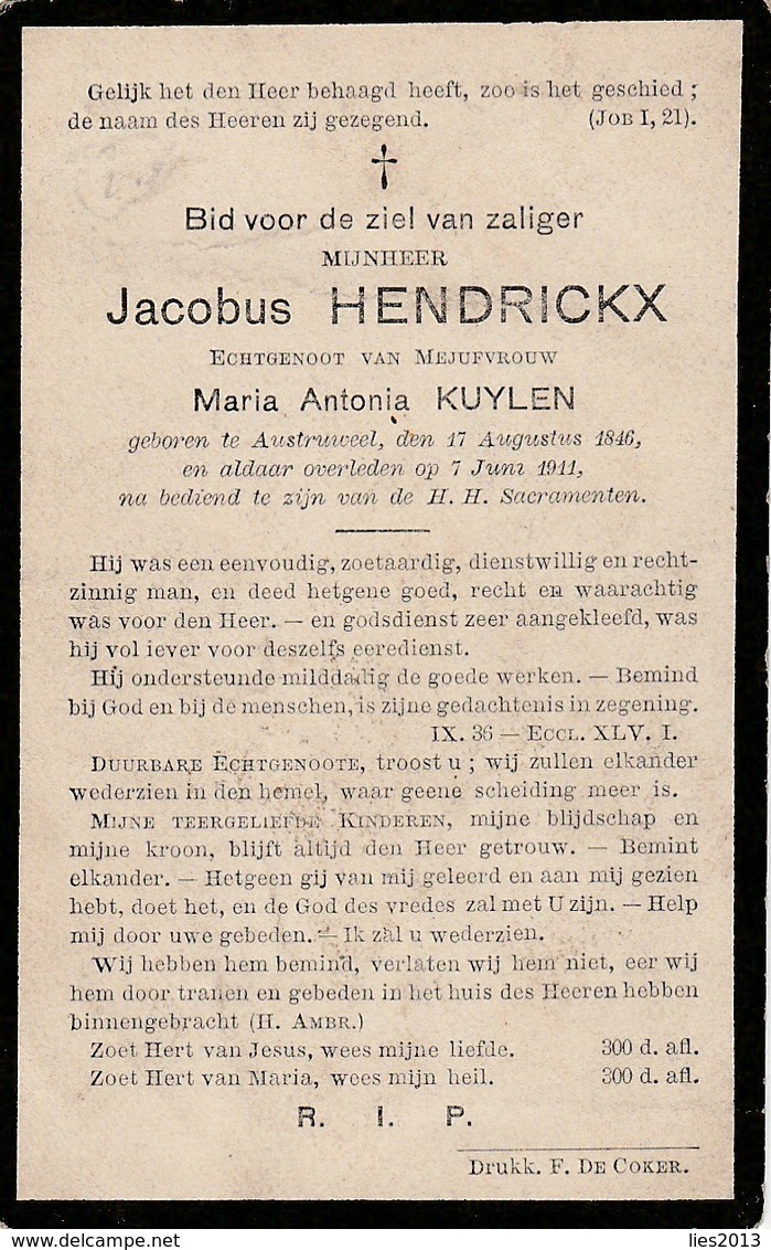Austruweel, 1911, Jacobus Hendrickx, Kuylen - Devotieprenten