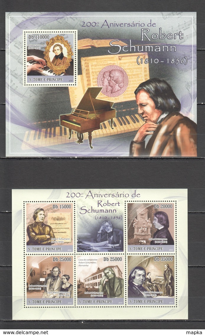 BC850 2010 S. TOME E PRINCIPE FAMOUS PEOPLE MUSIC ROBERT SCHUMANN 1KB+1BL MNH - Musik